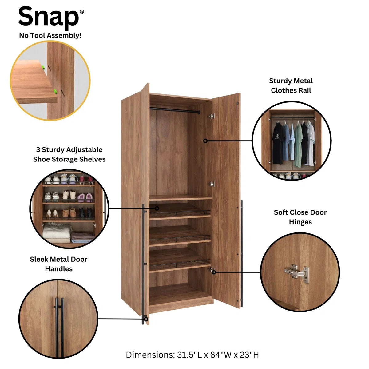 Lee Freestanding 3-Piece Module Wardrobe Closet with 2 Hanging Rods, 4 Drawers, 3 Shoe Storage and 6 Shelves