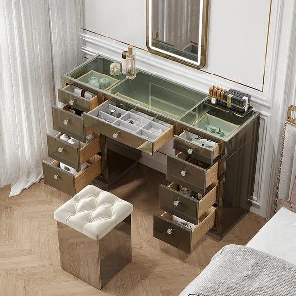 Oscar Mirrored Makeup Vanity Set 9-Drawer Dressing Table with Glass Top & Jewelry Storage with Desk and Stool Makeup Vanity Table - Ouch Cart 