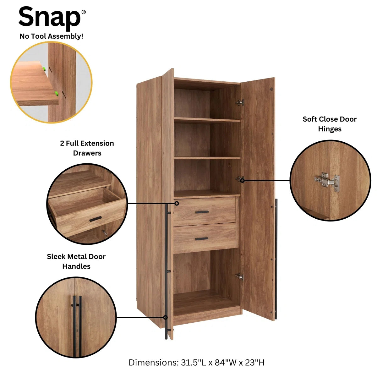 Lee Freestanding 3-Piece Module Wardrobe Closet with 2 Hanging Rods, 4 Drawers, 3 Shoe Storage and 6 Shelves