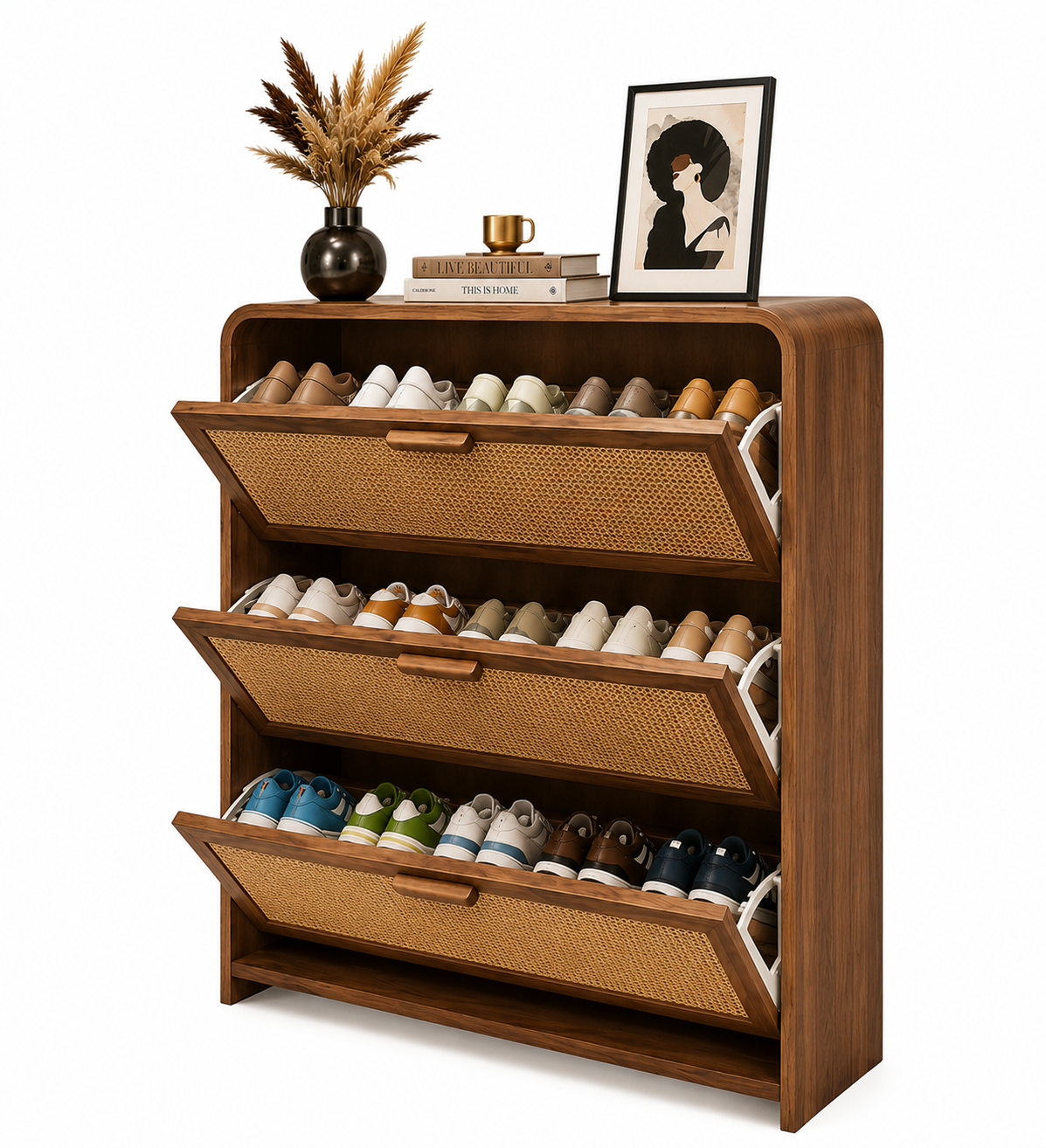 Modern Wooden Shoe Cabinet with Rattan Doors | 3-Tier Flip Drawer Shoe Storage Organizer | Space-Saving Entryway Shoe Rack for Home, Hallway & Living Room