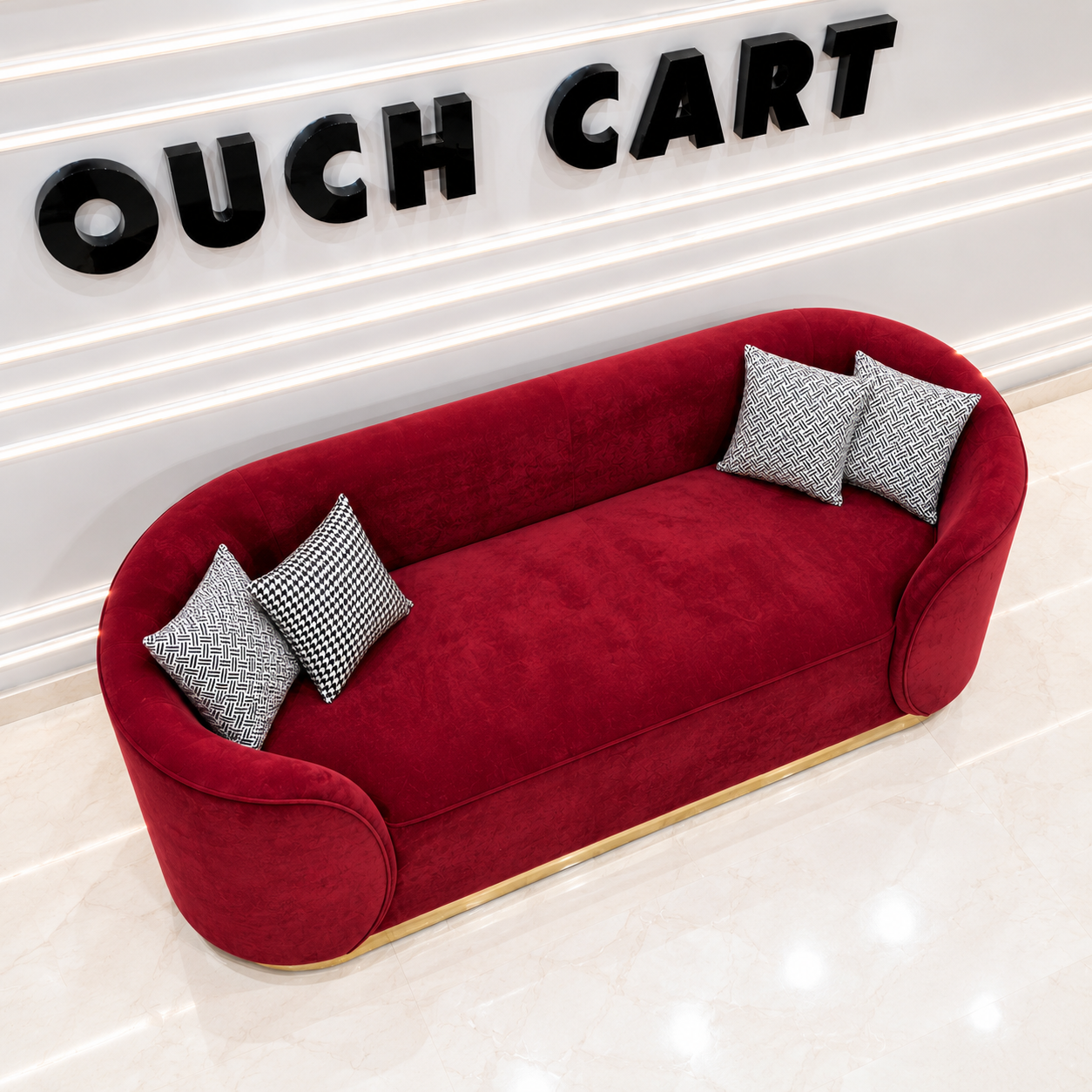Ouch Cart Luxury Red Velvet Sofa | Modern 3-Seater Curved Sofa with Gold Base