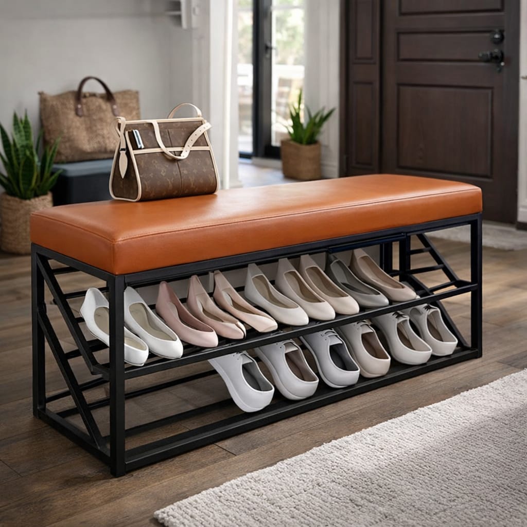 Shoe Rack Bench with Cushion – 2-Tier Storage Organizer Seat for Entryway, Bedroom & Living Room