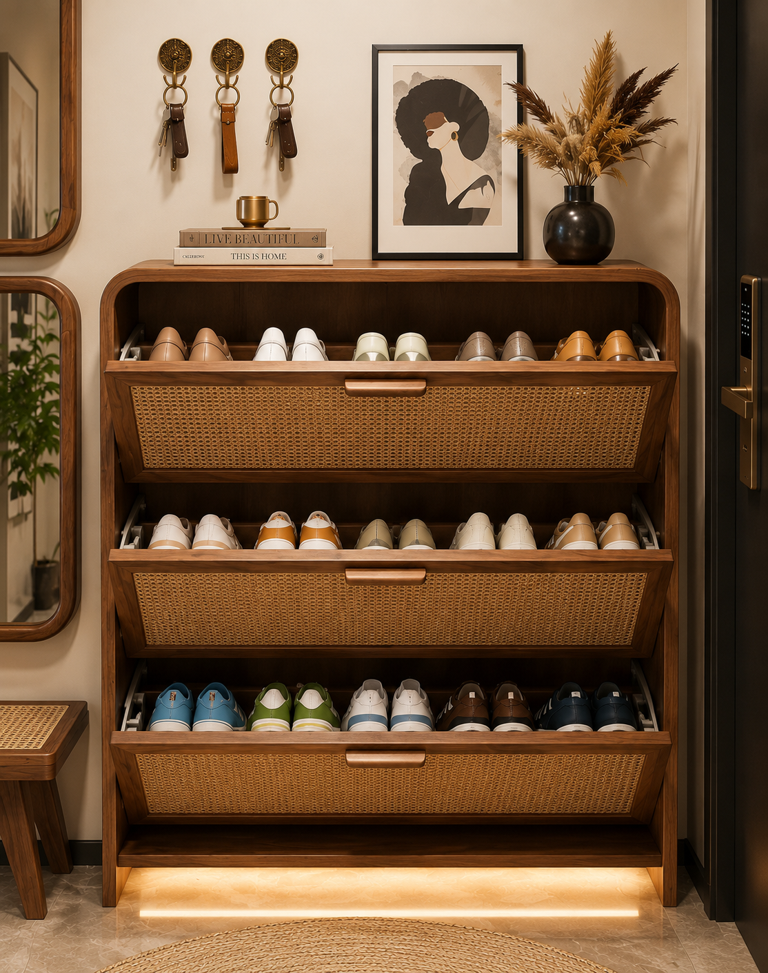 Modern Wooden Shoe Cabinet with Rattan Doors | 3-Tier Flip Drawer Shoe Storage Organizer | Space-Saving Entryway Shoe Rack for Home, Hallway & Living Room