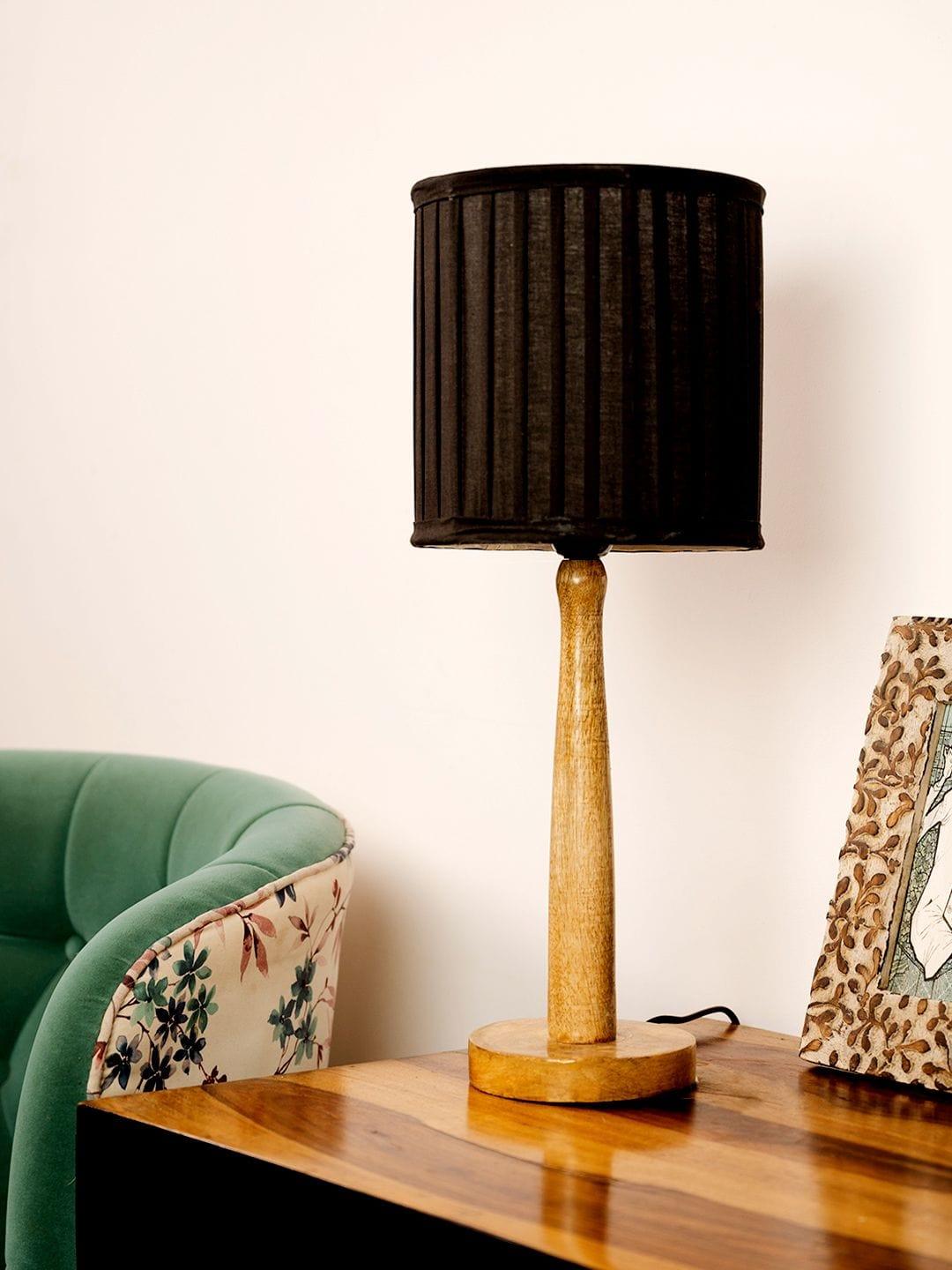 Wooden Brown Lamp with pleeted Balck Shade - Ouch Cart 