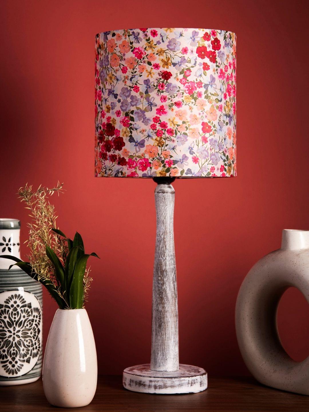 Distress White Wooden Lamp with Tiny Flowers Shade - Ouch Cart 