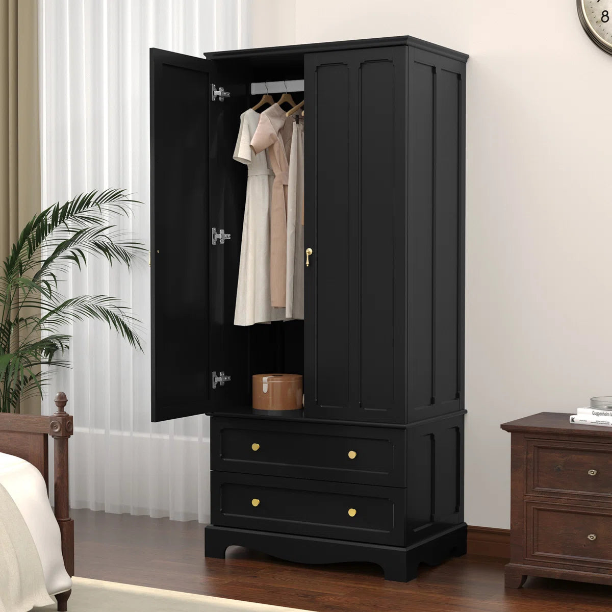 Freestanding Wooden Wardrobe Armoire with 2 Drawers