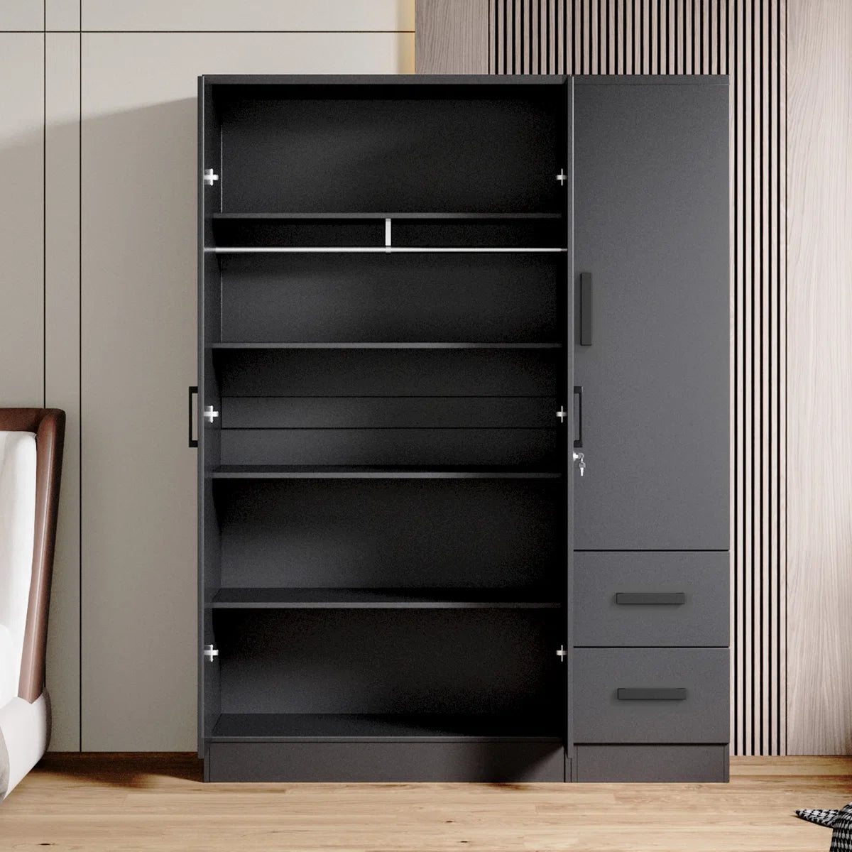 Wooden 2 Drawers 3 Doors Wardrobe Armoire With Mirror