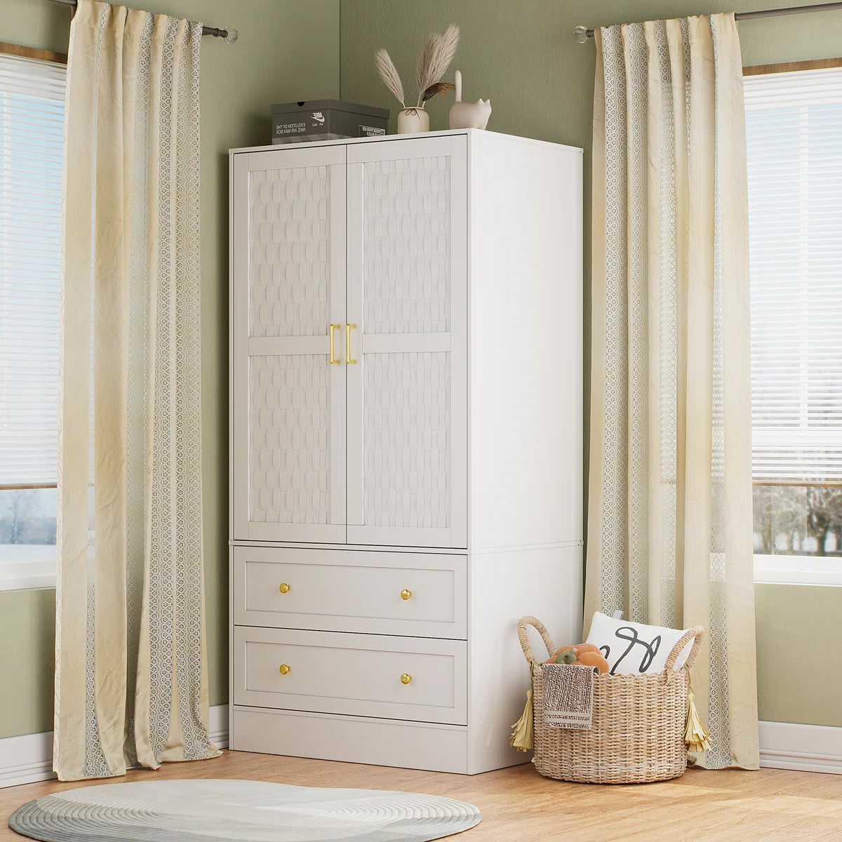 Ayara Armoire Wardrobe Closet with 2 Woven Doors, 2 Wide Drawers & Hanging Rod