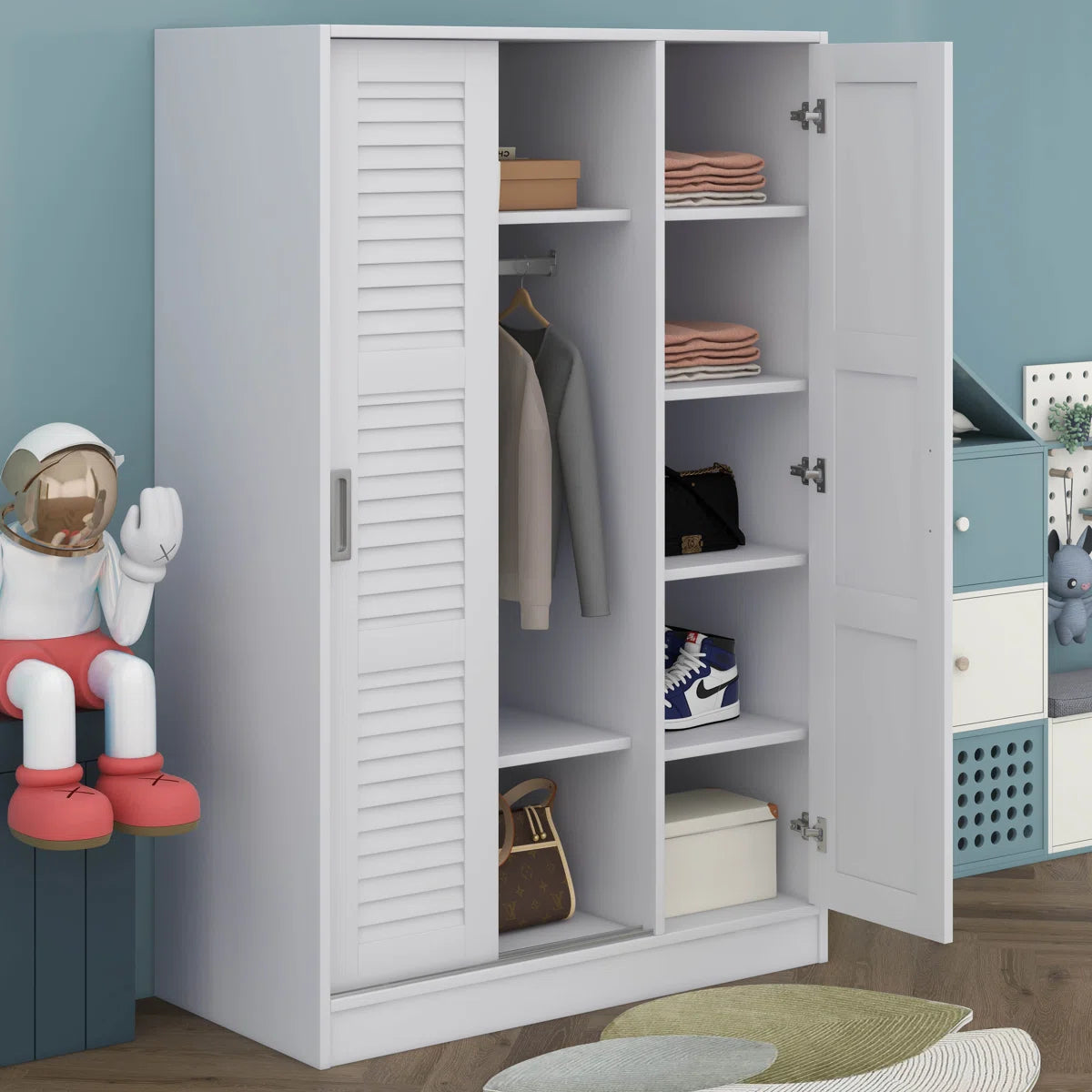 Solid Wood Wardrobe With 3 Louvered Sliding Doors, Shelves Included, Clothing Storage Cabine
