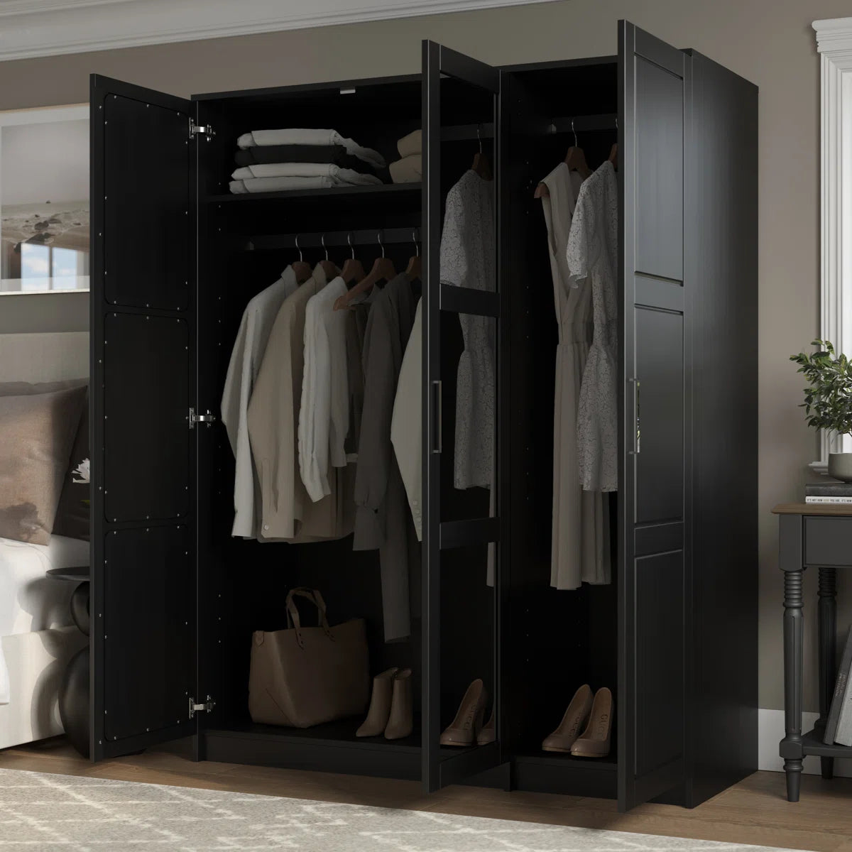 100% Solid Wood Swedesboro 3-Door Wardrobe Armoire with Mirrored Doors