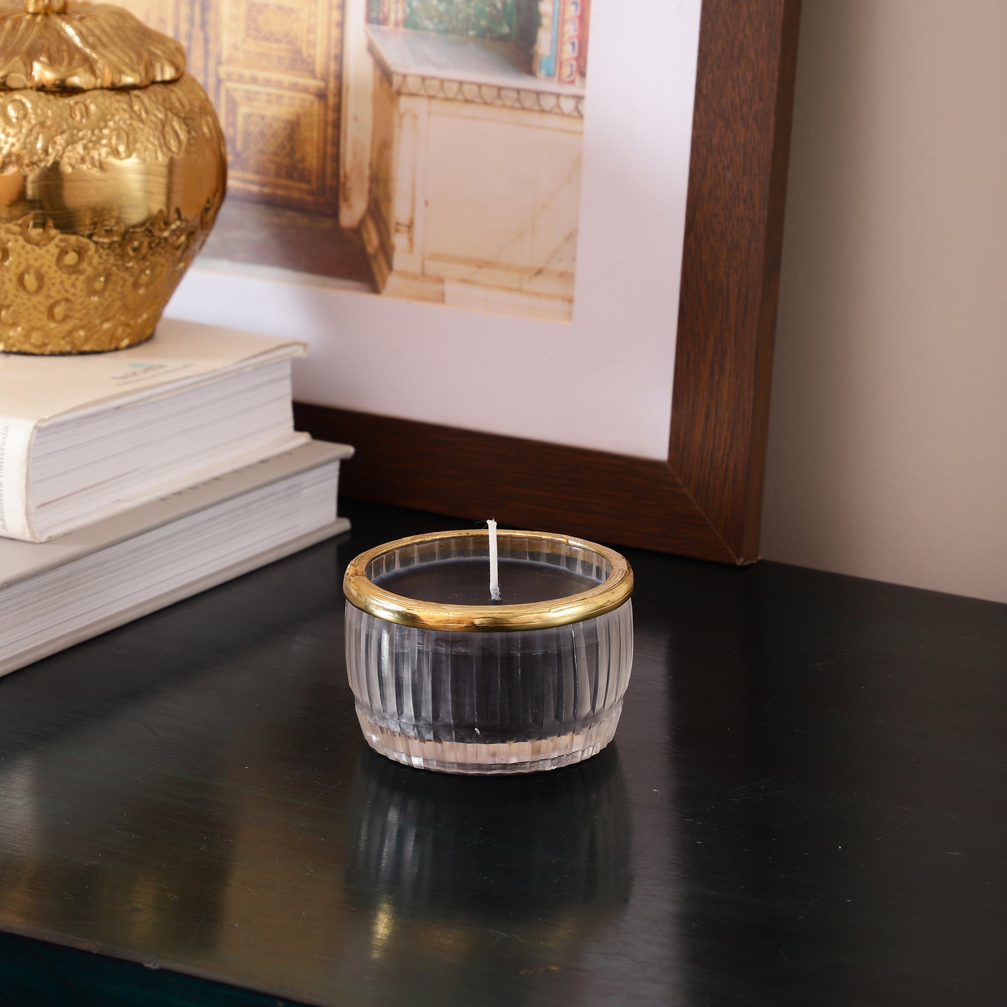 black velvet Scented candle glass jar with Golden Ring