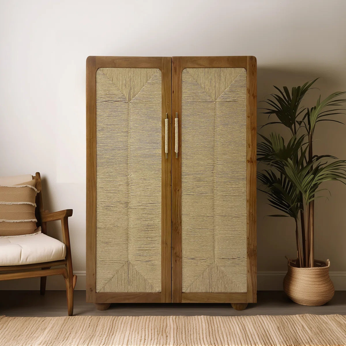 Neutral Modern 60" Acacia Wood Armoire, Brown, Rectangle - 40" x 18" x 60"