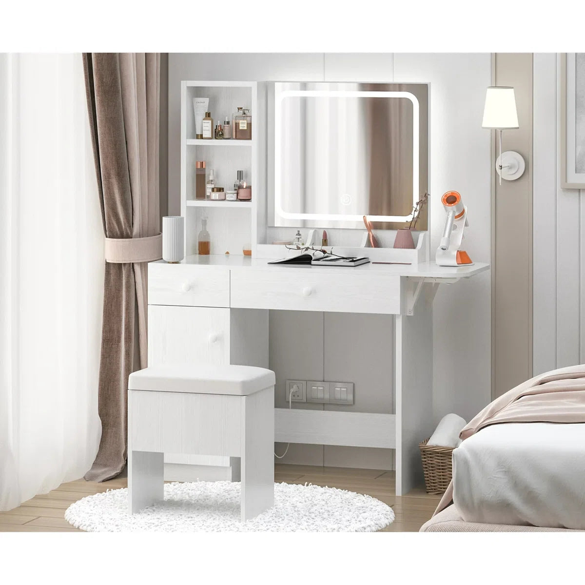 Vanity Desk with LED Lighted Mirror, Power Outlet, 2 Drawers, 3 Cubbies & Bookcase Storage for Bedroom
