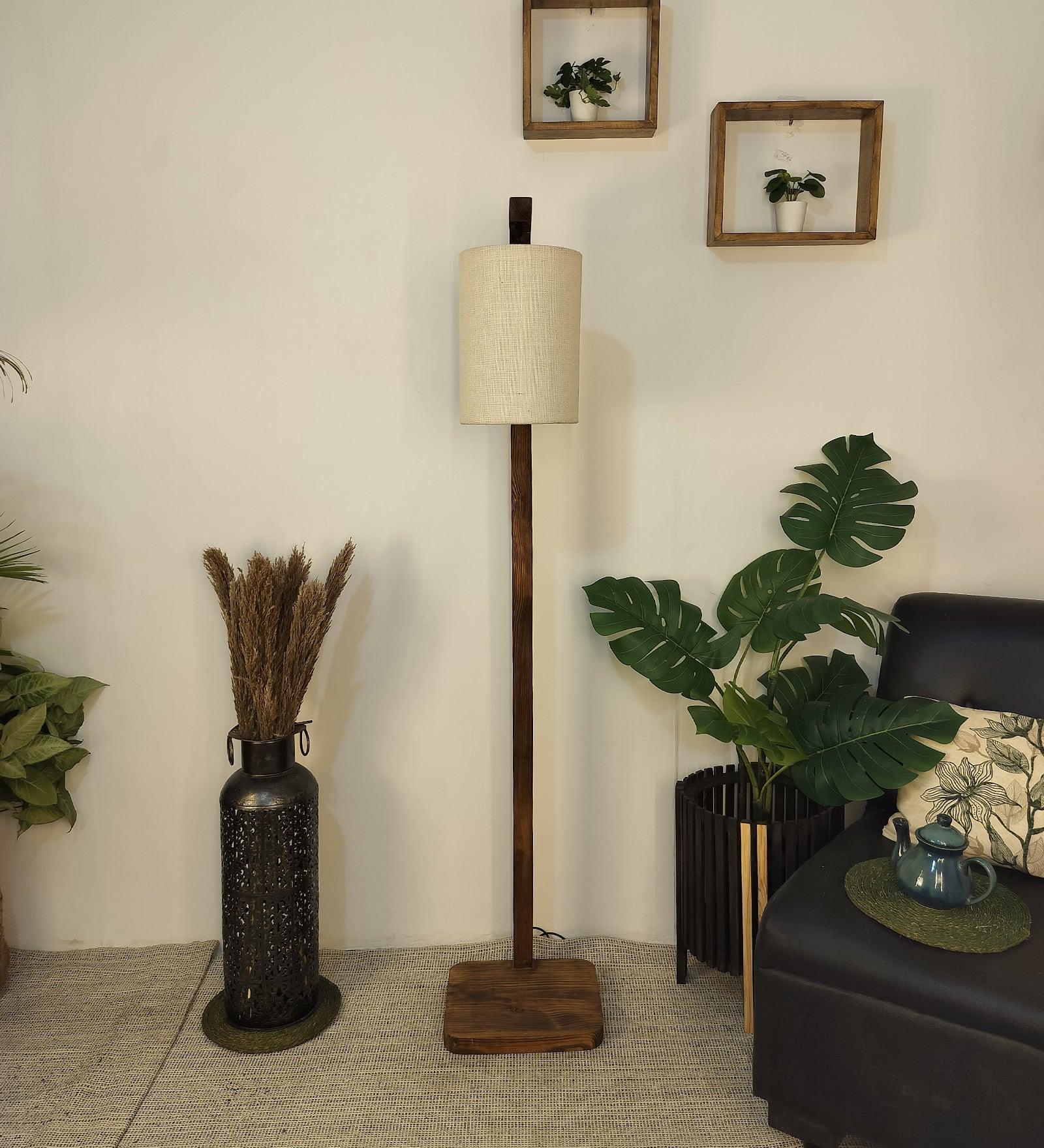 Elementary Wooden Floor Lamp with Brown Base and White Fabric Lampshade (BULB NOT INCLUDED) - Ouch Cart 