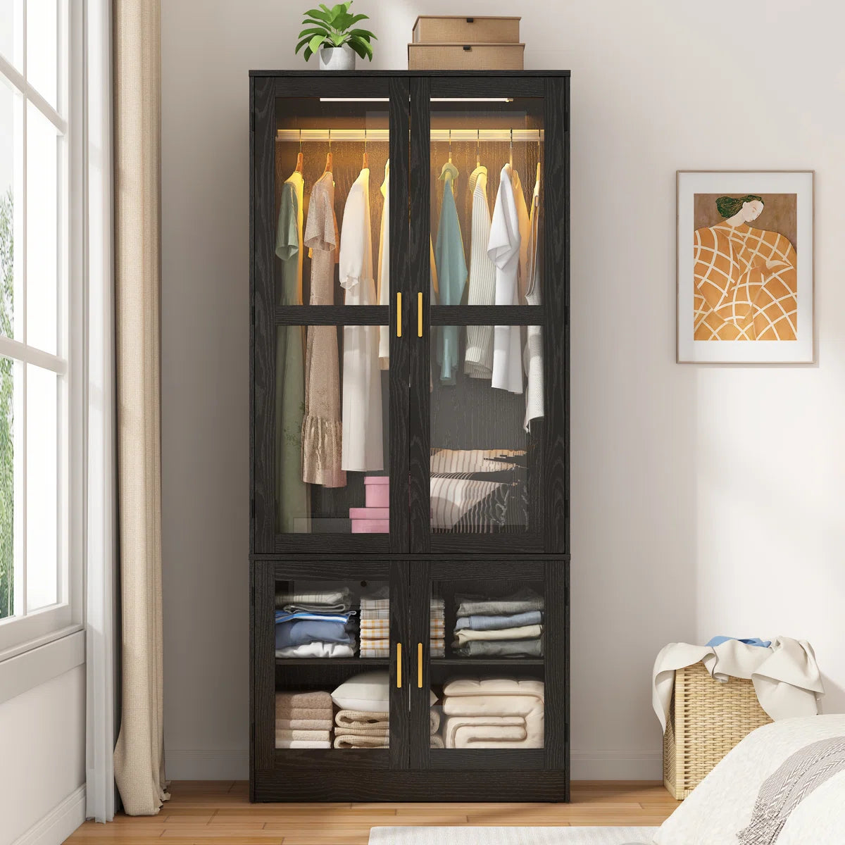 4-Door 71" H Armoire With LED Sensor Light And Hanging Rod