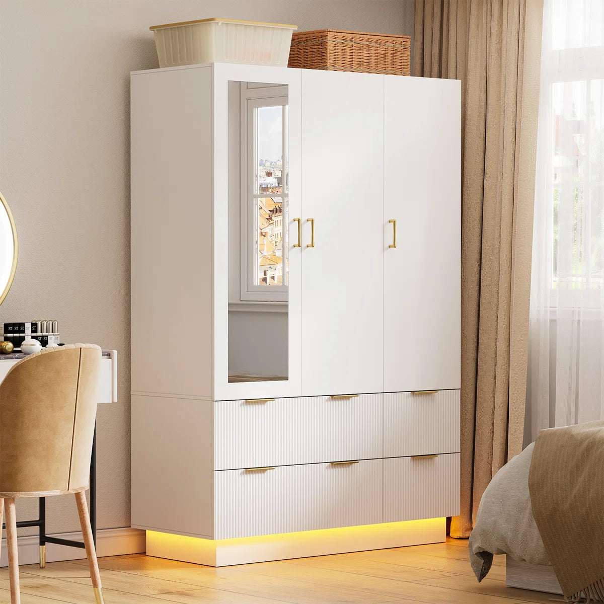 Armoire Wardrobe Closet With 3 Door, Mirror And Led Lights