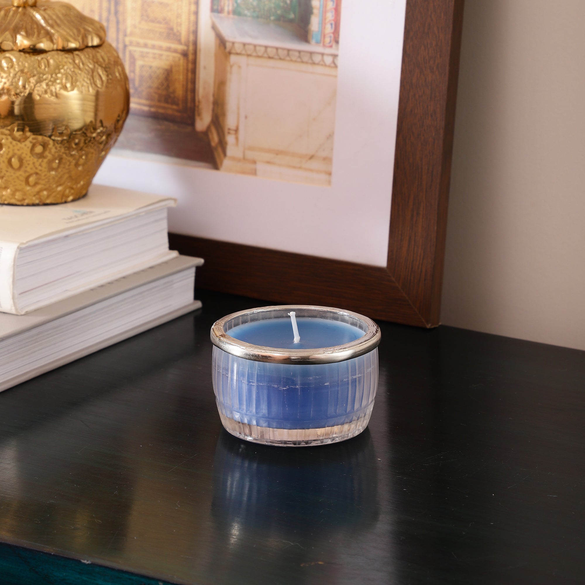 ocean breeze blue Scented candle glass jar with Silver ring