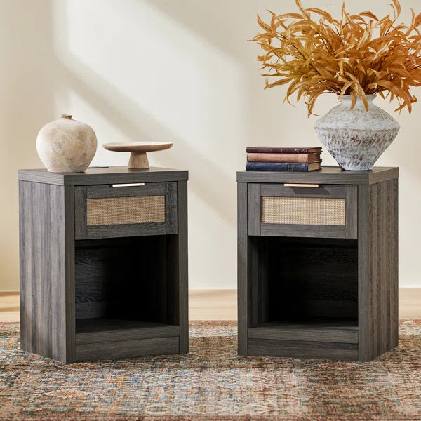 Bohemian Rattan Bedside Tables Set of 2 – Wooden Nightstands with Drawer, Shelf & Charging Station