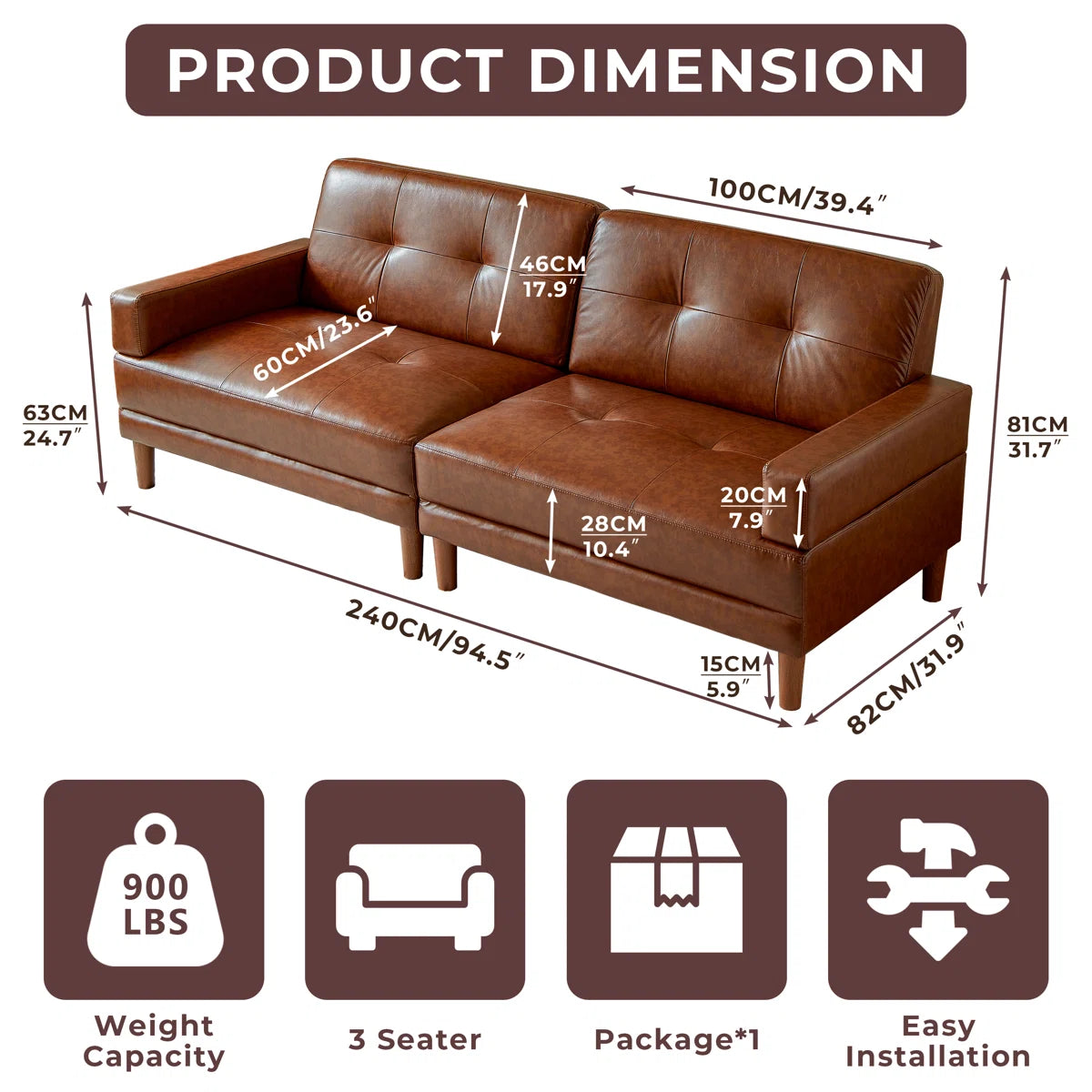 Mid-Century Modern 3-Seater Leather Sofa | Brown Faux Leather Couch with Tufted Back & Solid Wood
