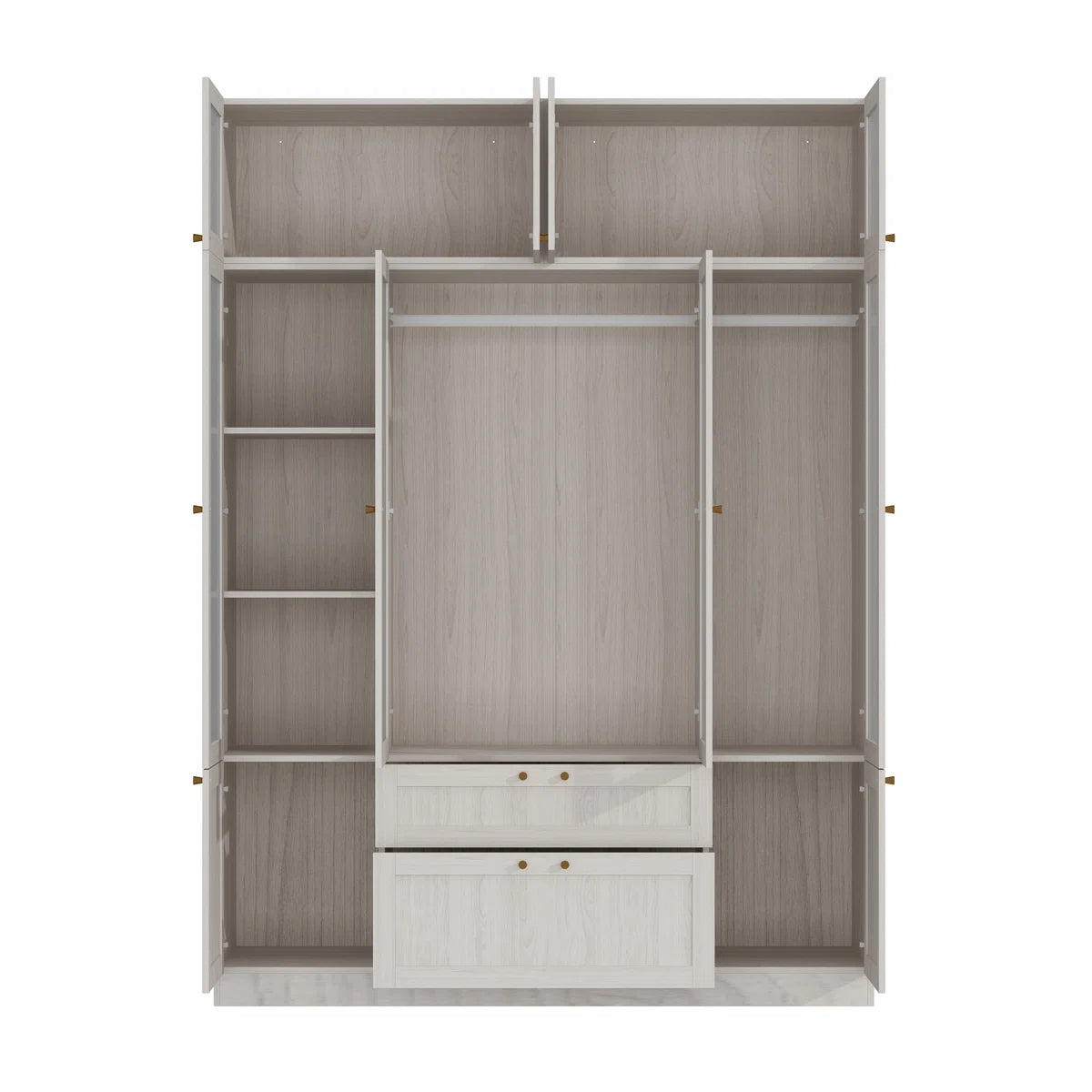 Elegant 4-Door Wardrobe With Frosted Glass Panels, Brass Handles, And Ample Storage Space – Adjustable Shelves And Large Drawers For Modern Organization
