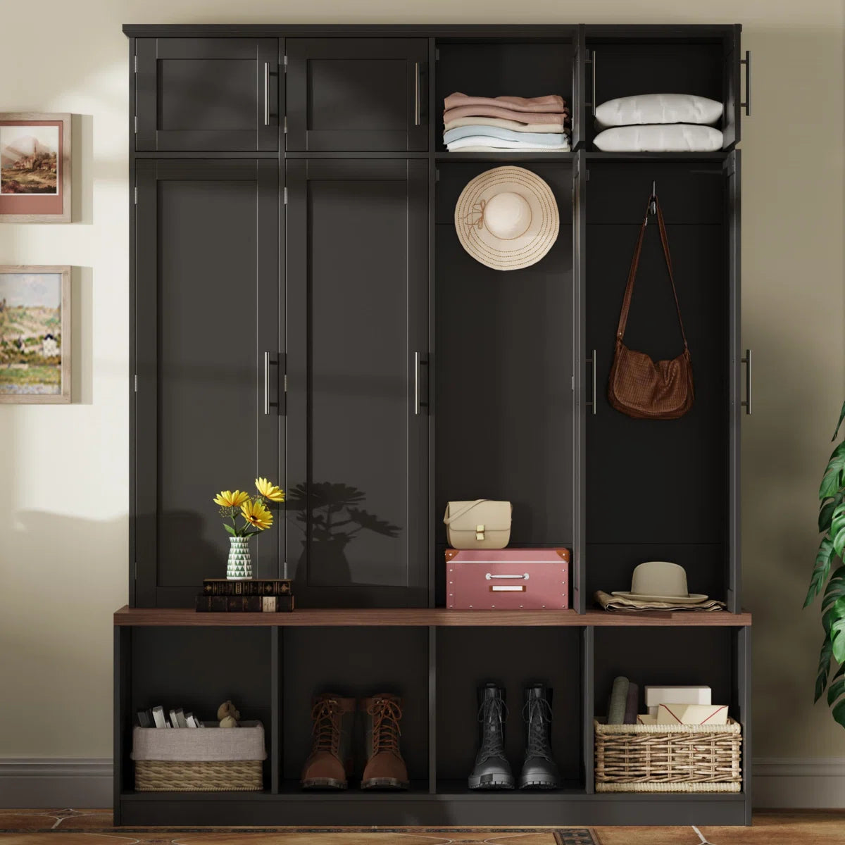 Farmhouse Hall Tree Wardrobe Closet & Cabinet - Functional Clothes Storage With 4 Hidden Hanging Hooks,White
