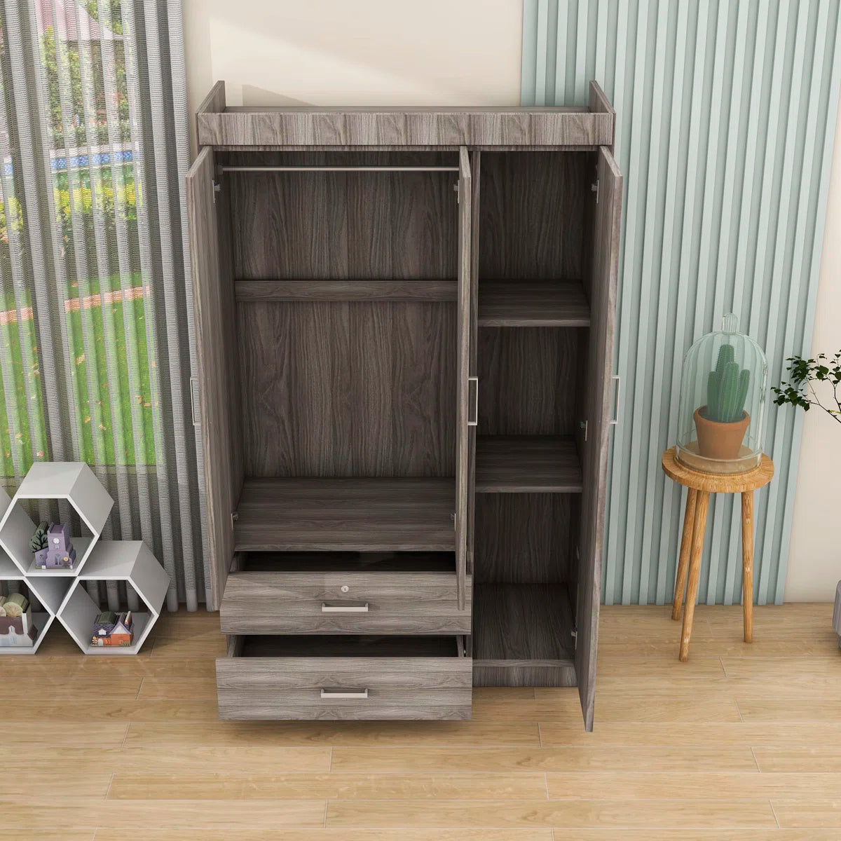 Carene Wood 2 Drawers 3-Doors Wardrobe with Shelves