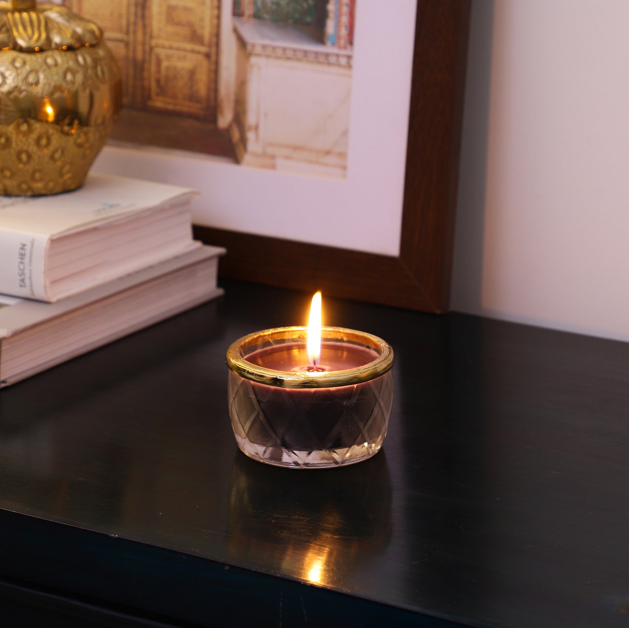 black velvet Scented candle jar with Golden Ring