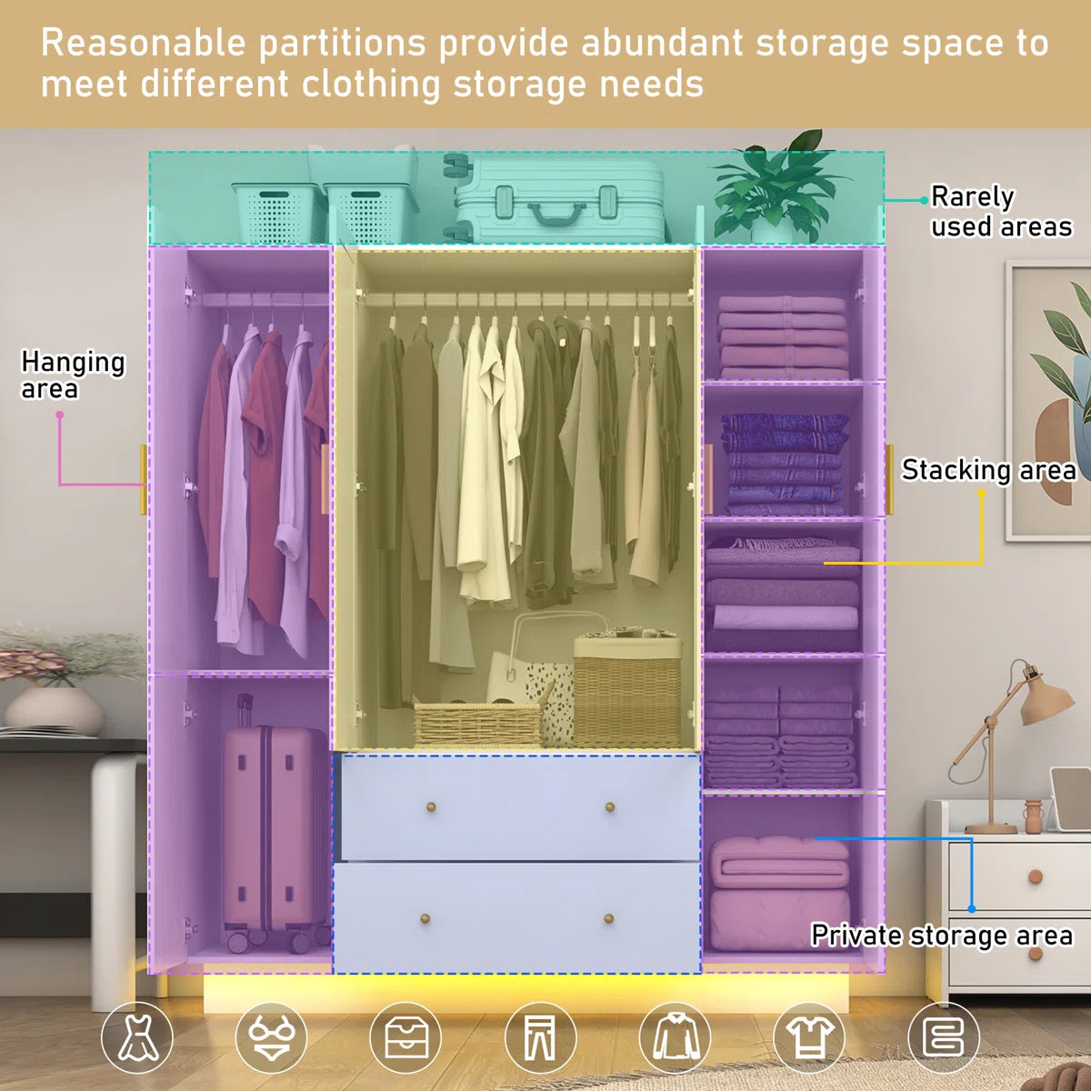 Armoire Wardrobe Closet With Mirror & Led Light, 4 Door Wooden Storage Cabinet With Drawers, Spacious Armoire With Hanging Rod & Adjustable Shelves