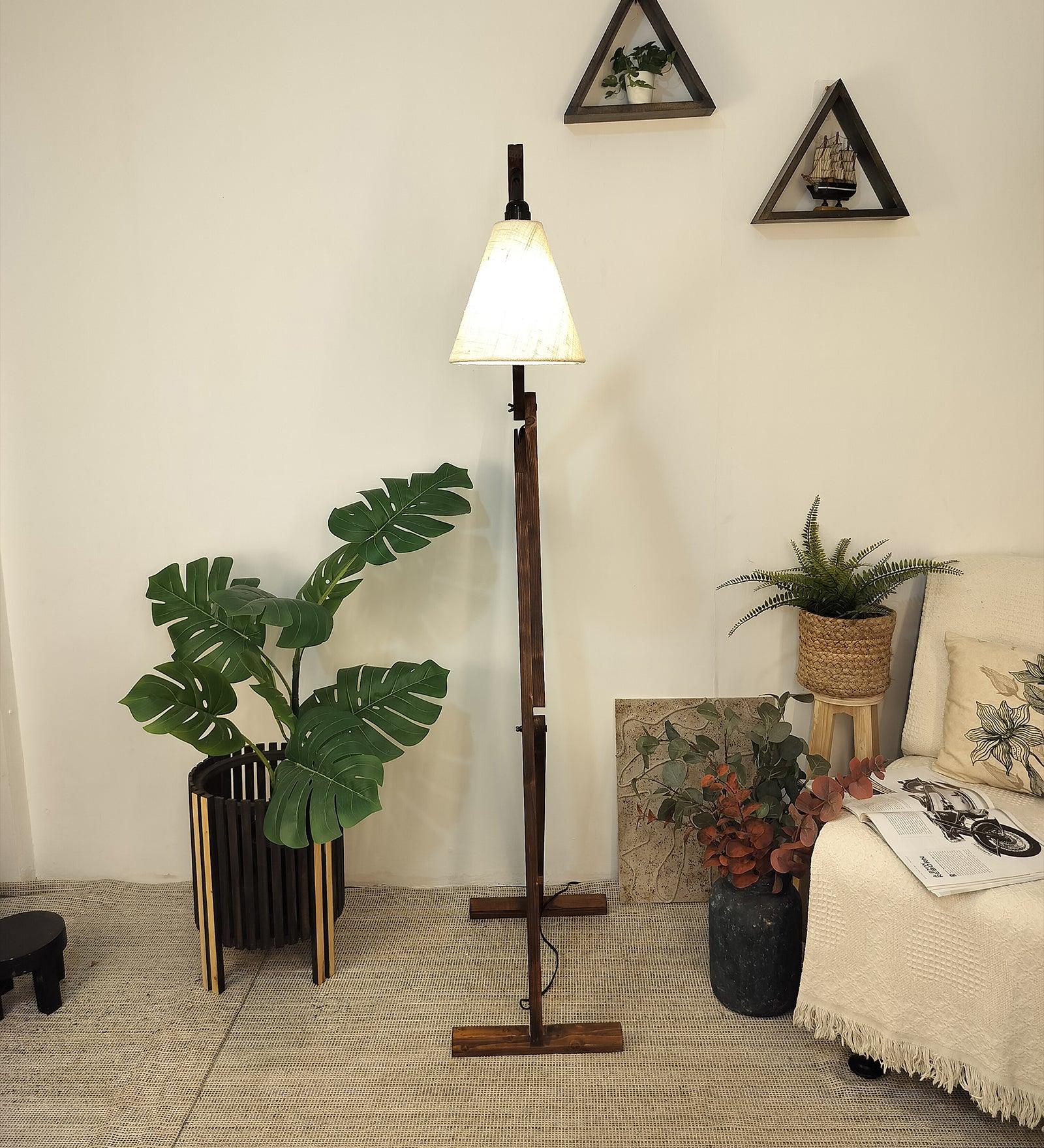 Benji Wooden Floor Lamp with Brown Base and Beige Fabric Lampshade (BULB NOT INCLUDED) - Ouch Cart 