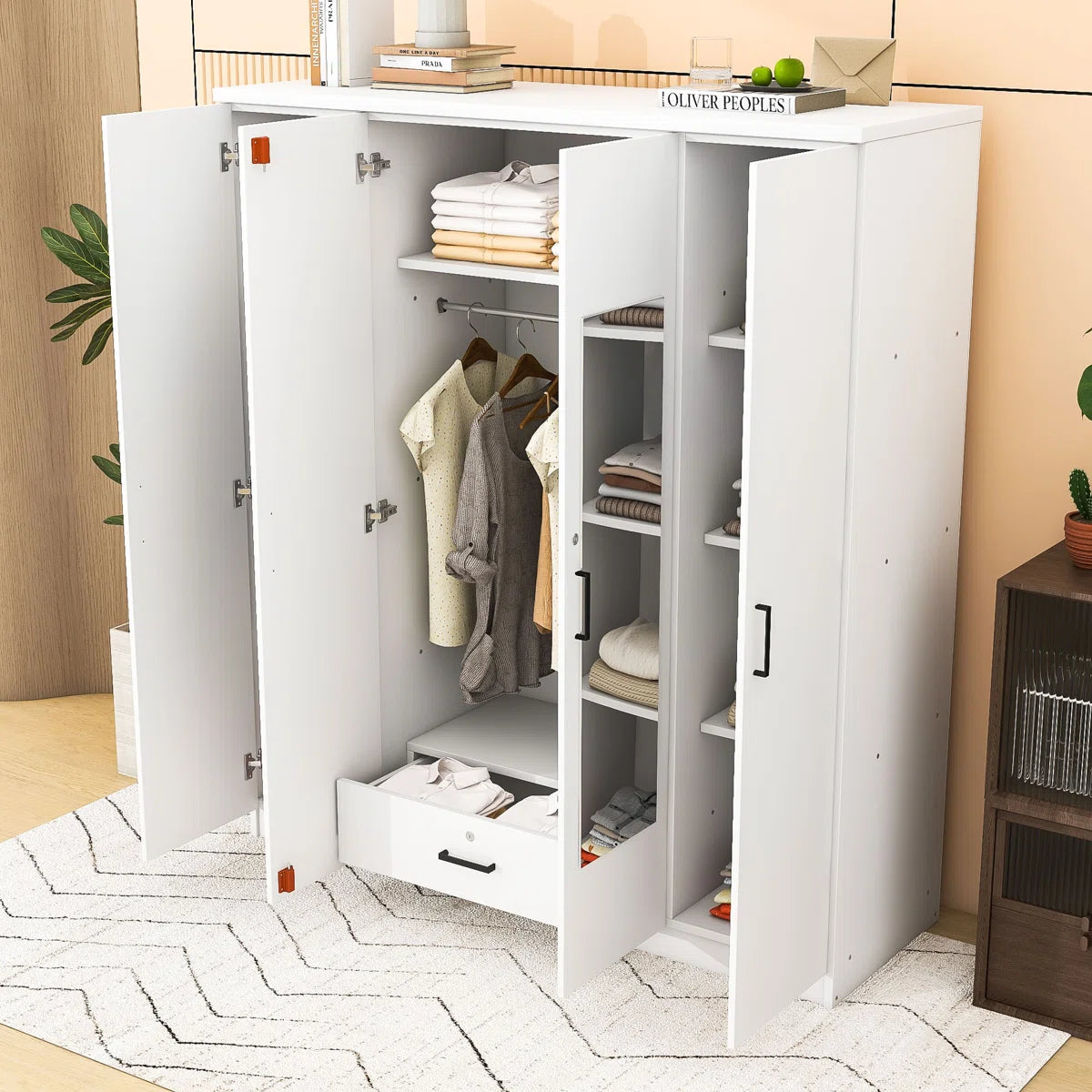 Contemporary Wooden Freestanding Wardrobe with Built-in Mirrors and Lockable Drawer