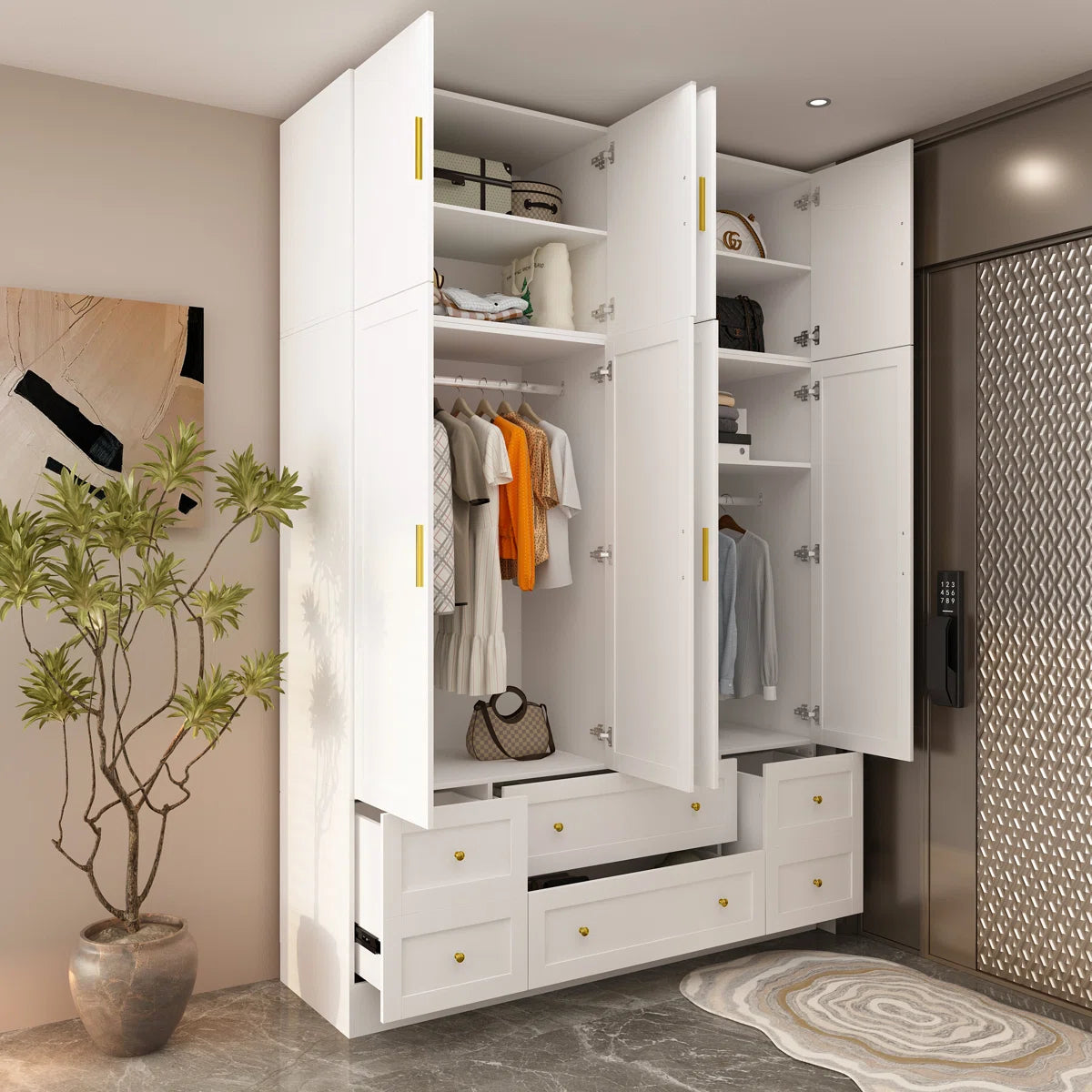 Modern White Wardrobe Closet With Top Cabinets And Drawers, Freestanding Armoire With Hanging Rods & Storage Shelves, Gold Handles