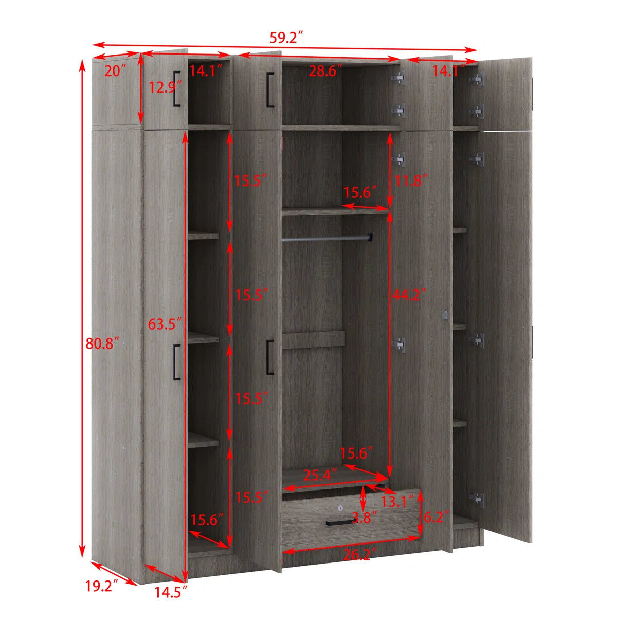 4-Door Wardrobe With 1 Drawer And Top Cabinet