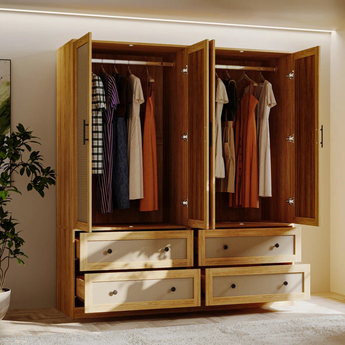 62.8" Wide 4-Rattan Door Wardrobe Closet Set With 4 Drawers & Anti-Tip Design