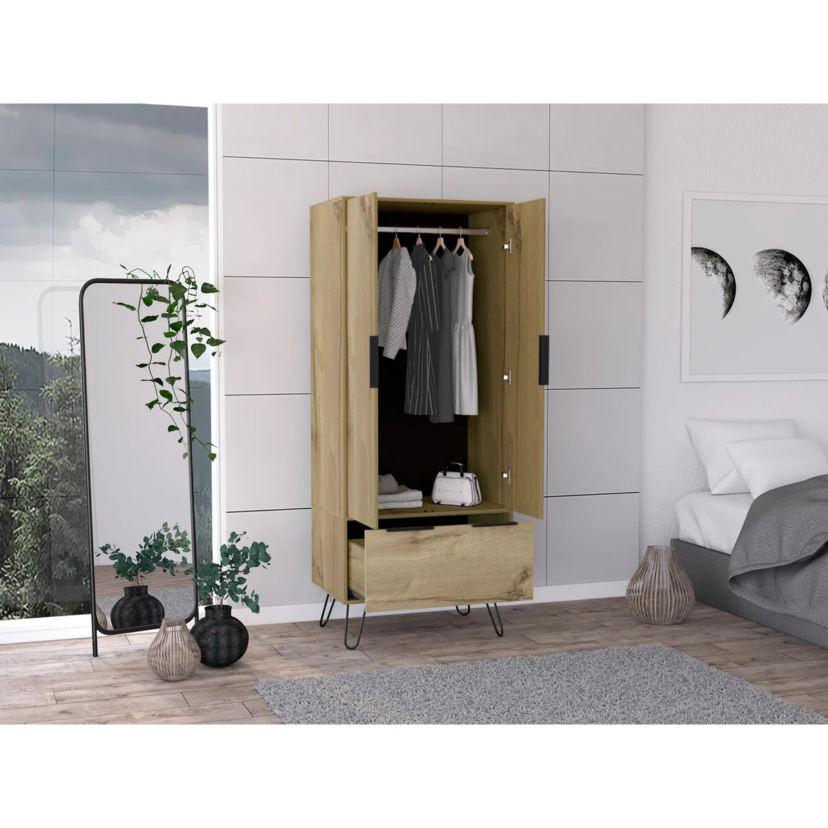 Light Oak Wooden Wardrobe With 2-Doors And 1-Drawer