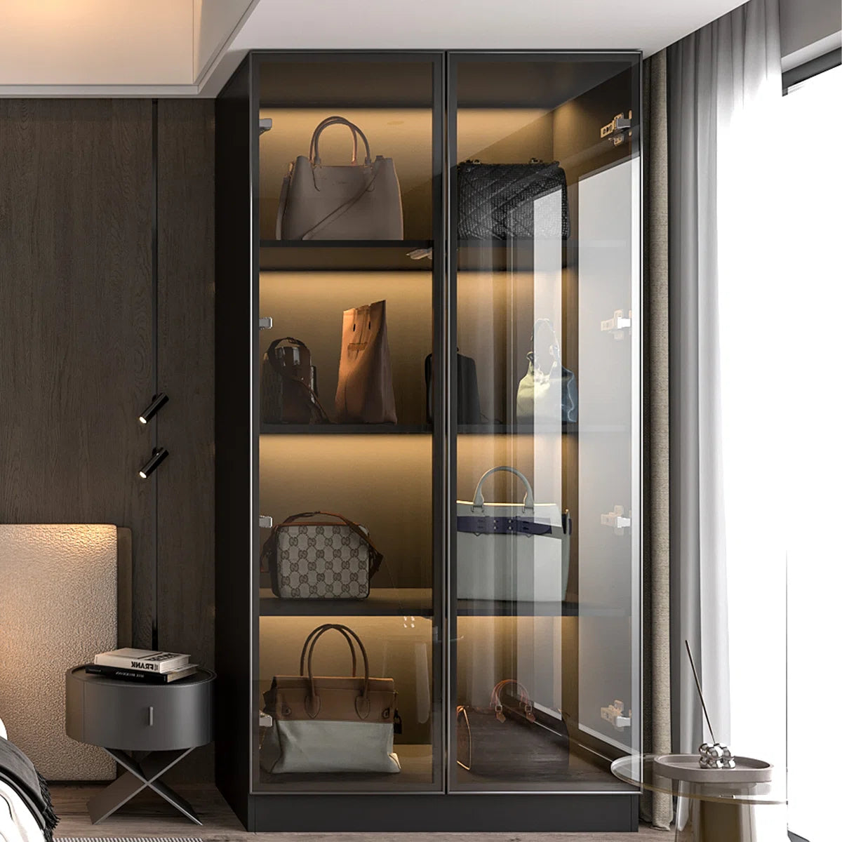 Maudena Armoire With Glass Door and LED Light