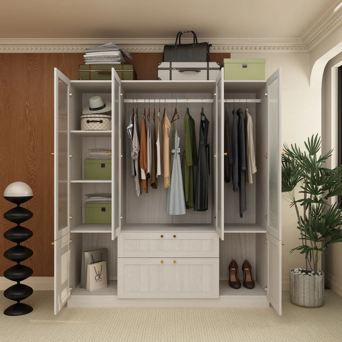 Sebi 6-Door 2-Drawer Armoire With Hanging Area & Storage Compartments