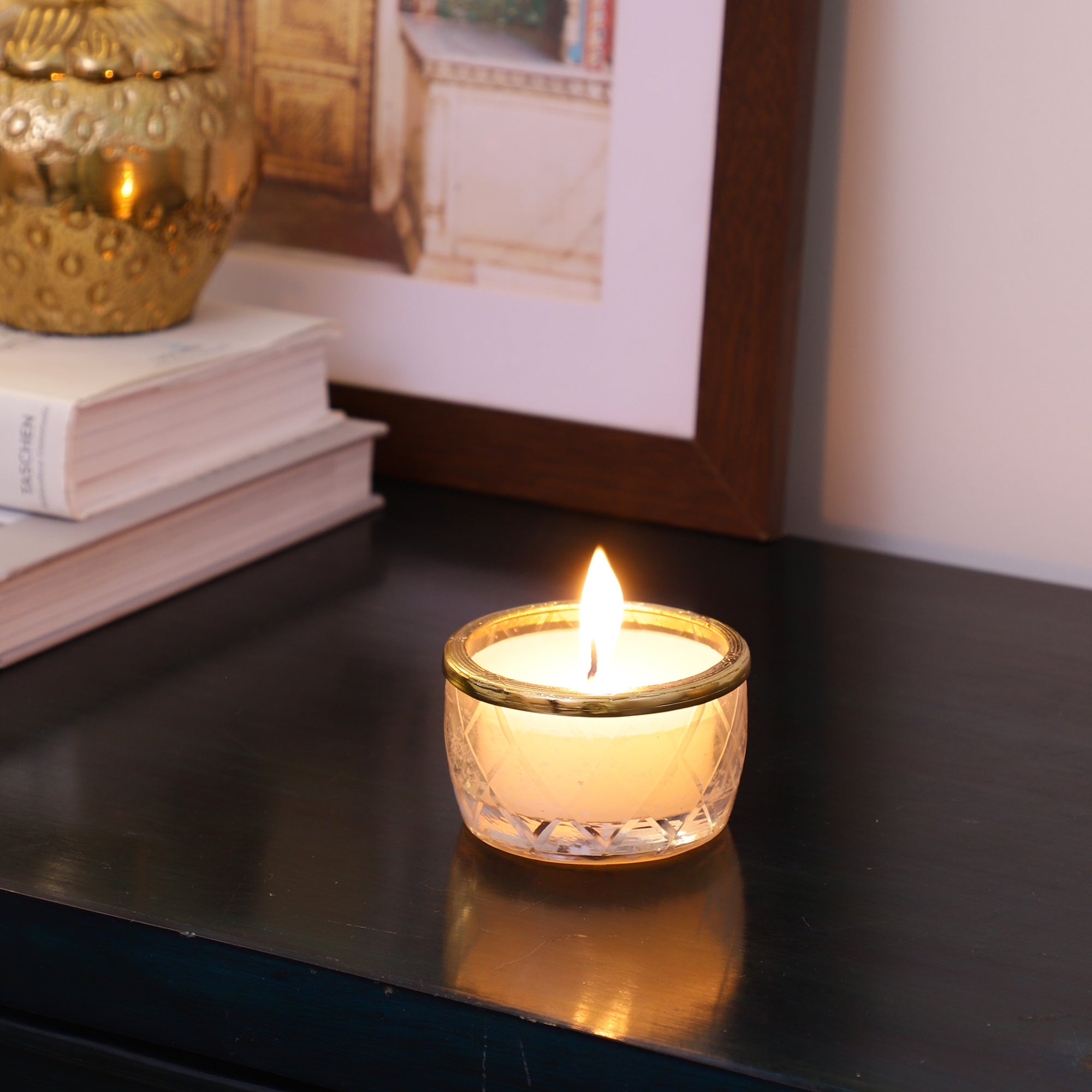 snowy whisper white scented candle jar with Golden Ring