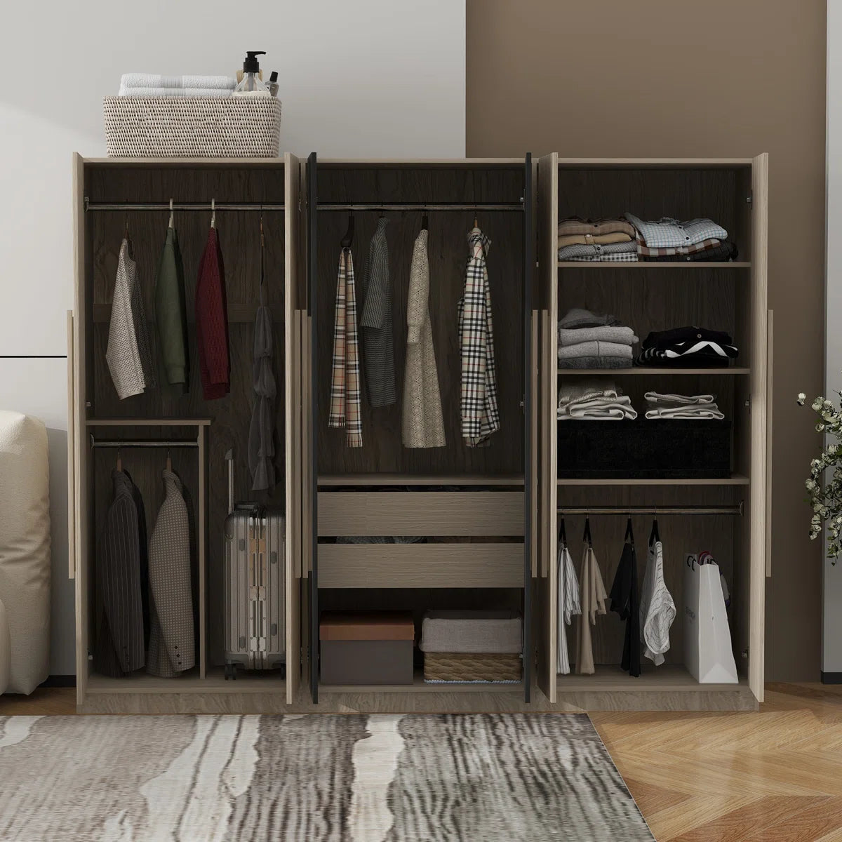 Wooden 6-Door Wardrobe Closet with 4 Drawers, Bedroom Storage Cabinet Armoire with Hanging Rods and Shelves, Clothes Organizer for Home,Black+Nature