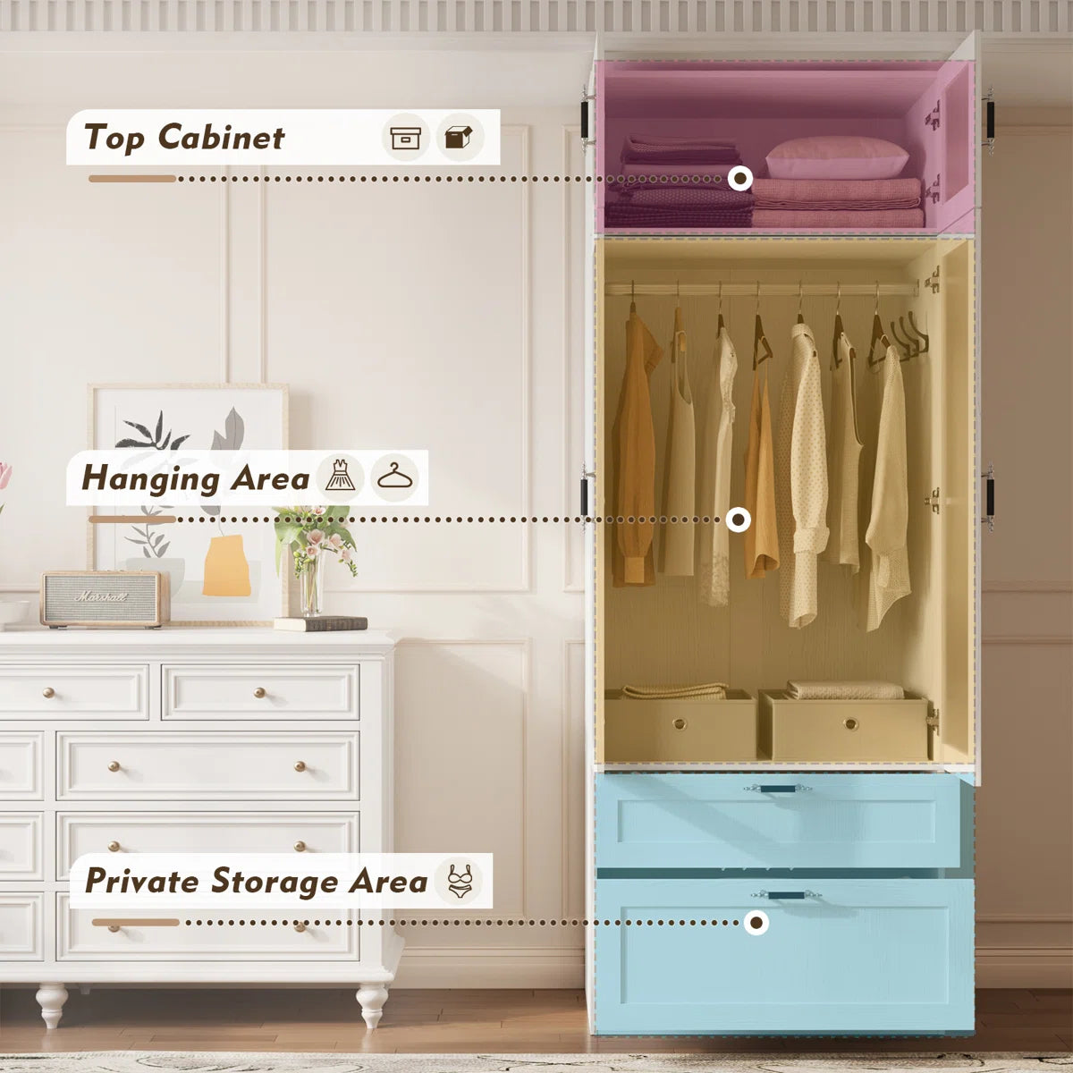 Meissalivve 2 Door Wardrobe Cabinet With Hanging Rod & 2 Drawers, 85.9''H Armoire Wardrobe Closet With Frosted Glass, Wardrobe Clothes Storage Closet Cabinet With Top Cabinets For Bedroom, Wood Grain