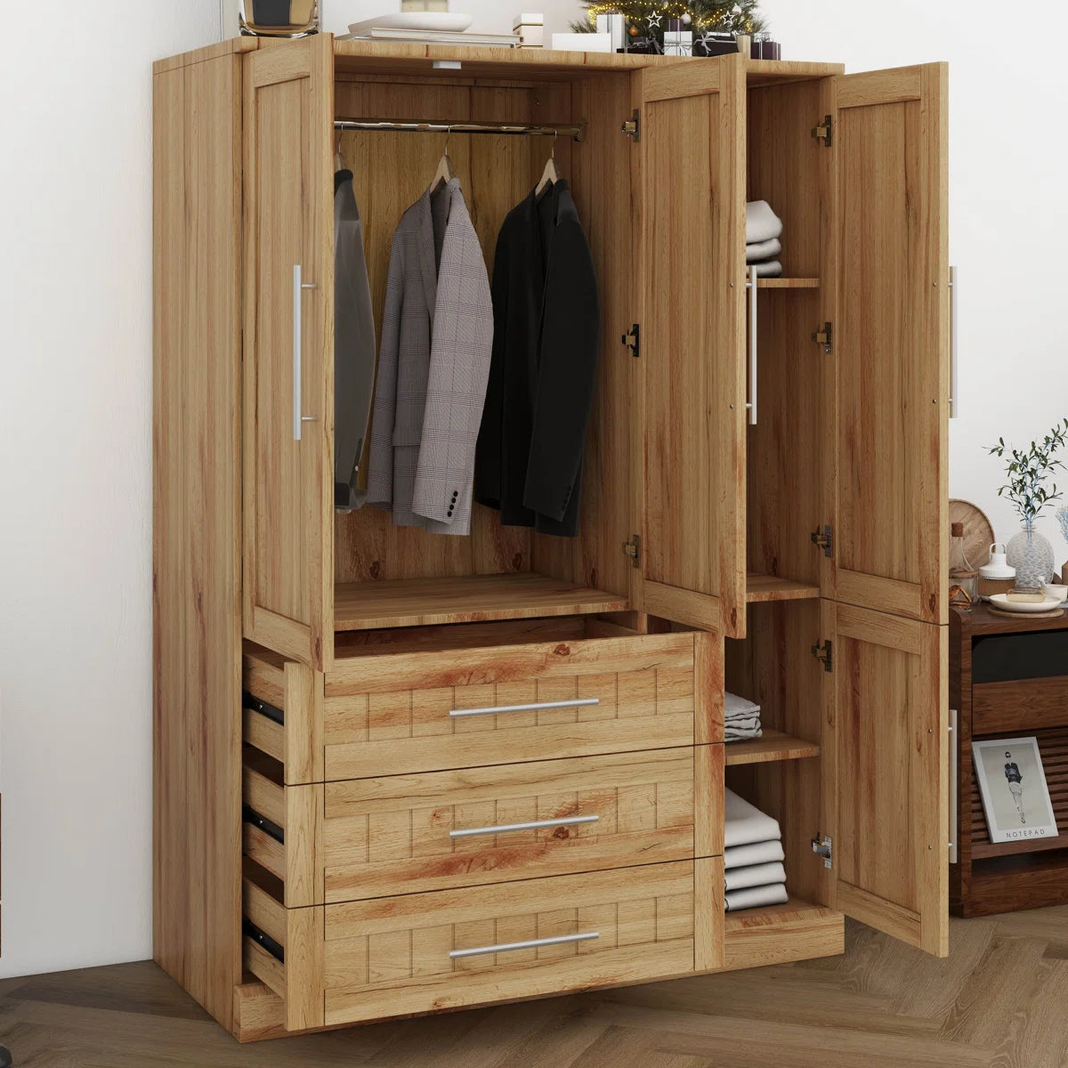 4 Door Wardrobe Armoire Closet With 3 Drawers And Hanging Rail