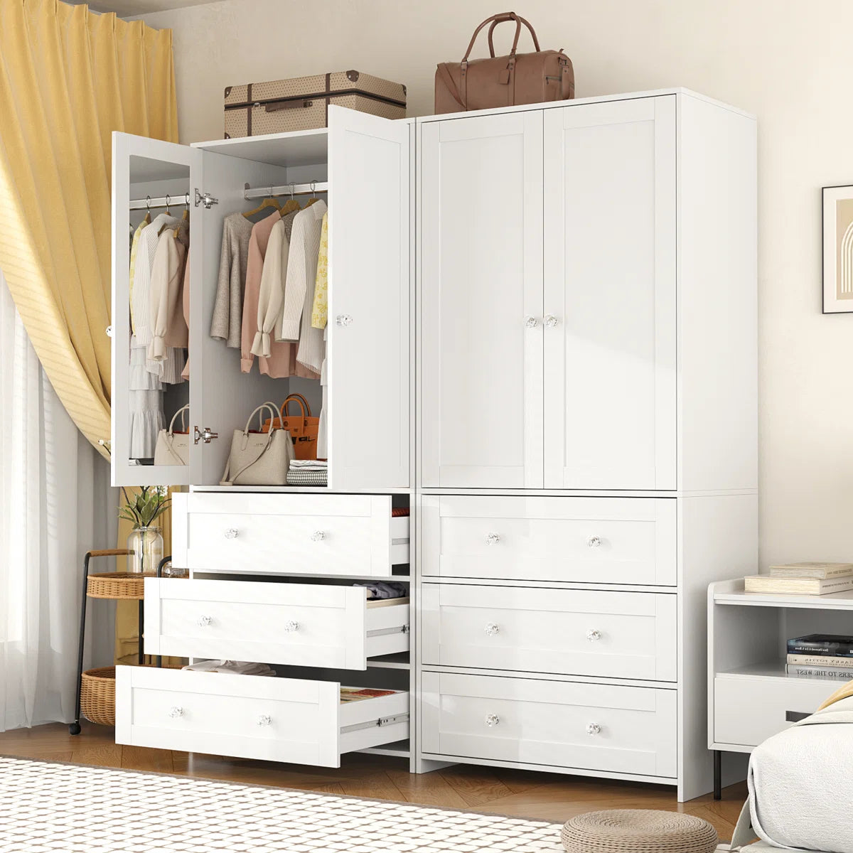 4-Door Sandrea With Mirror, Wardrobe Closet With 6 Drawers