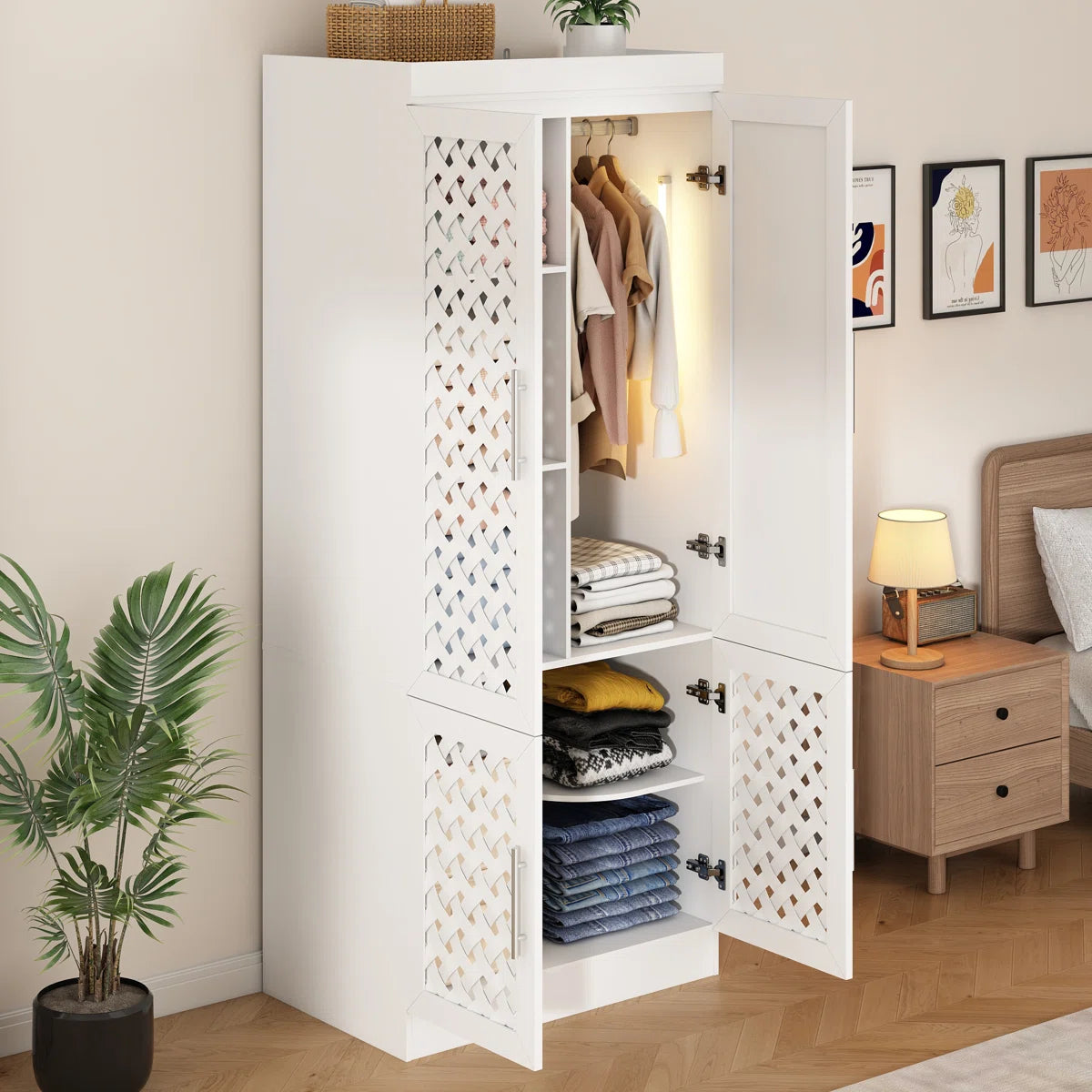 75.6''H Armoire Wardrobe Closet With Sensor Light,  Mirror, 3 Woven Doors, And Hanging Rod