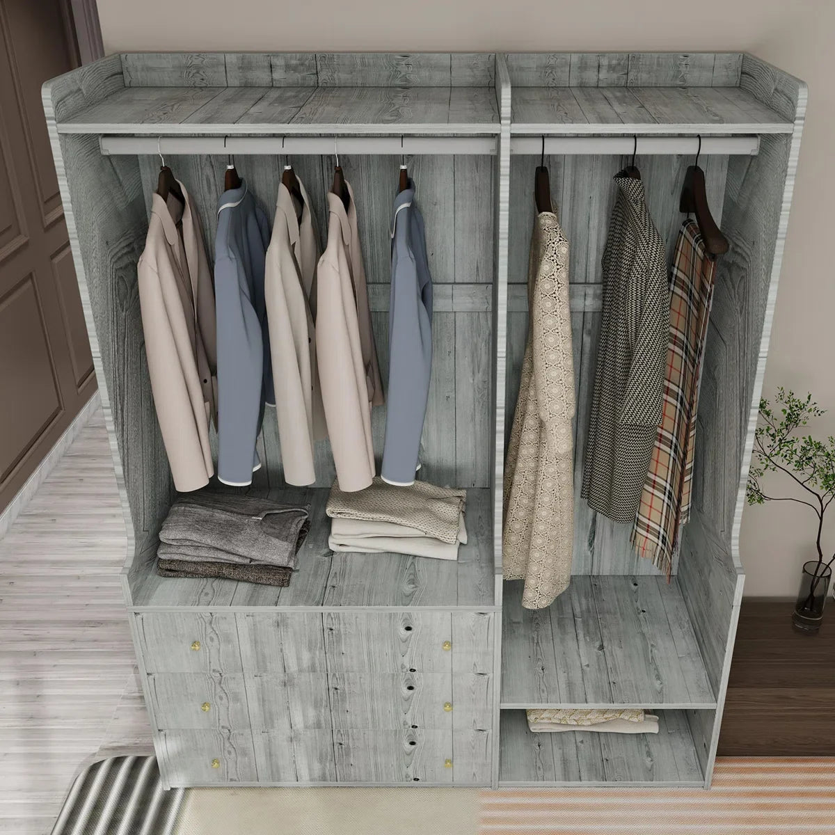 Open Wooden Wardrobe In Bedroom