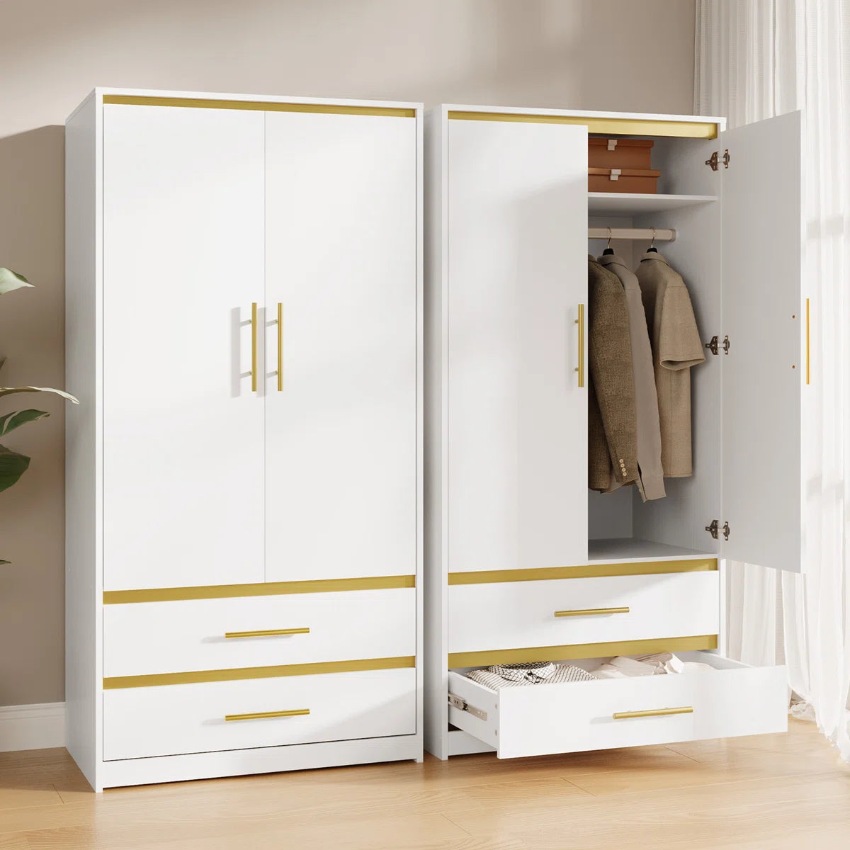 2-Door 66.9'' H Armoire Wardrobe Closet with Hanging Rod and 2 Drawers