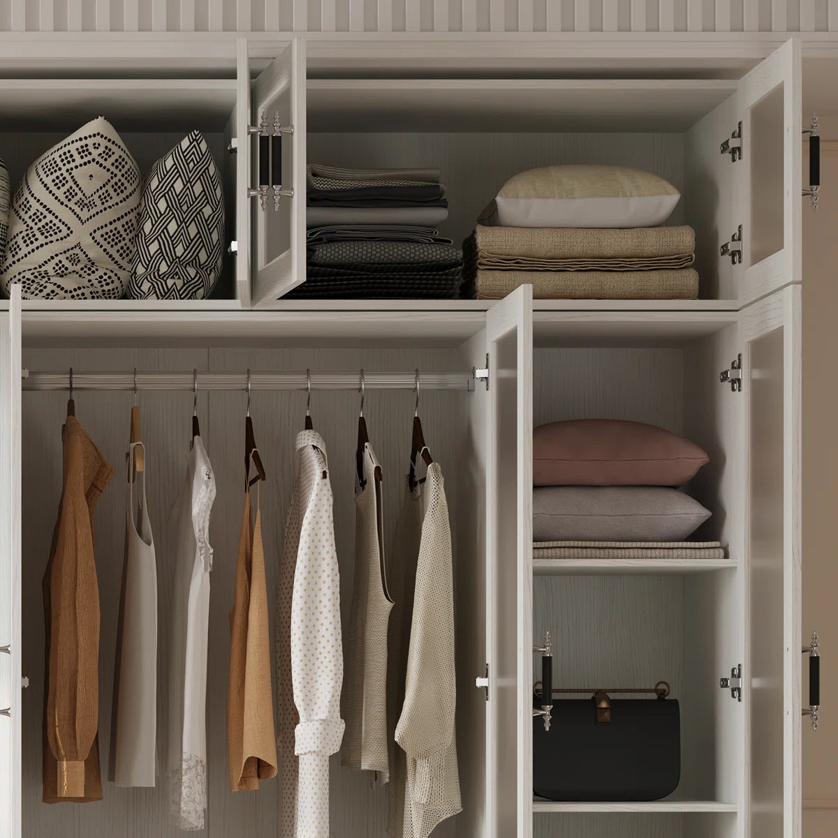 Meissalivve 6 Door Armoire Wardrobe Closet With Frosted Glass Door, 85.9''H Bedroom Clothing Storage Cabinet With 2 Drawers, Adjustable Shelves, Clothes Wardrobe Armoire With Top Cabinets, Wood Grain