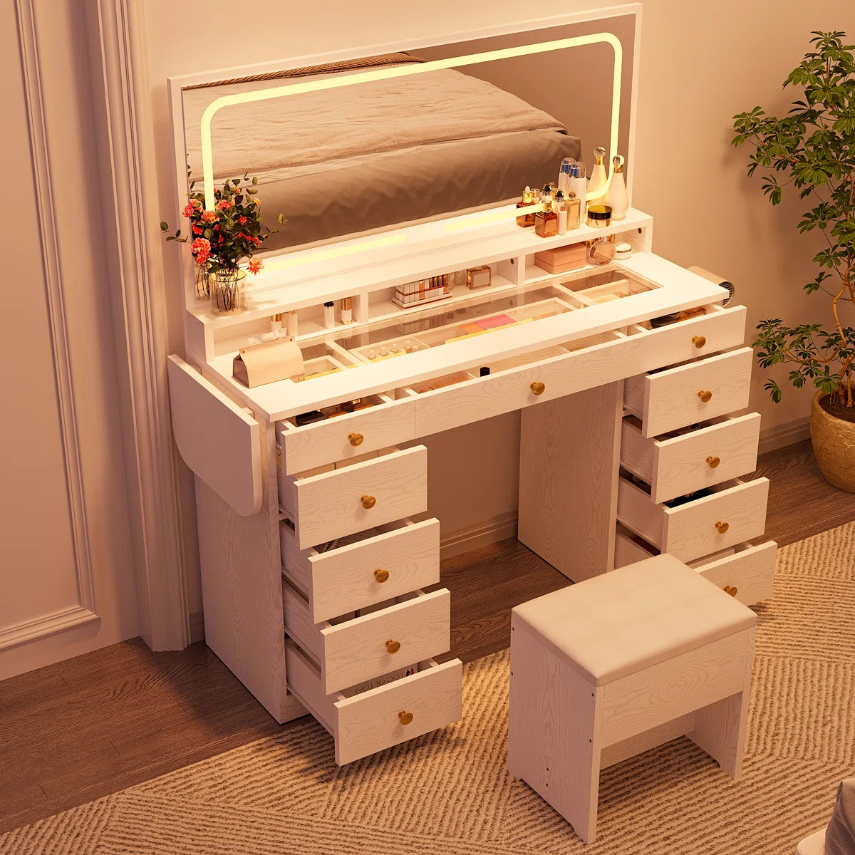 46’’ Makeup Vanity Set with LED Lights, Mirror, Power Outlet, 11 Drawers, and Matching Stool