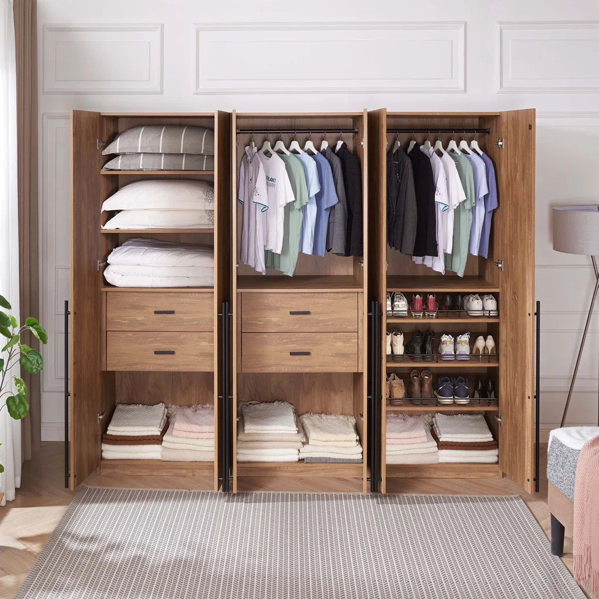 Lee Freestanding 3-Piece Module Wardrobe Closet with 2 Hanging Rods, 4 Drawers, 3 Shoe Storage and 6 Shelves