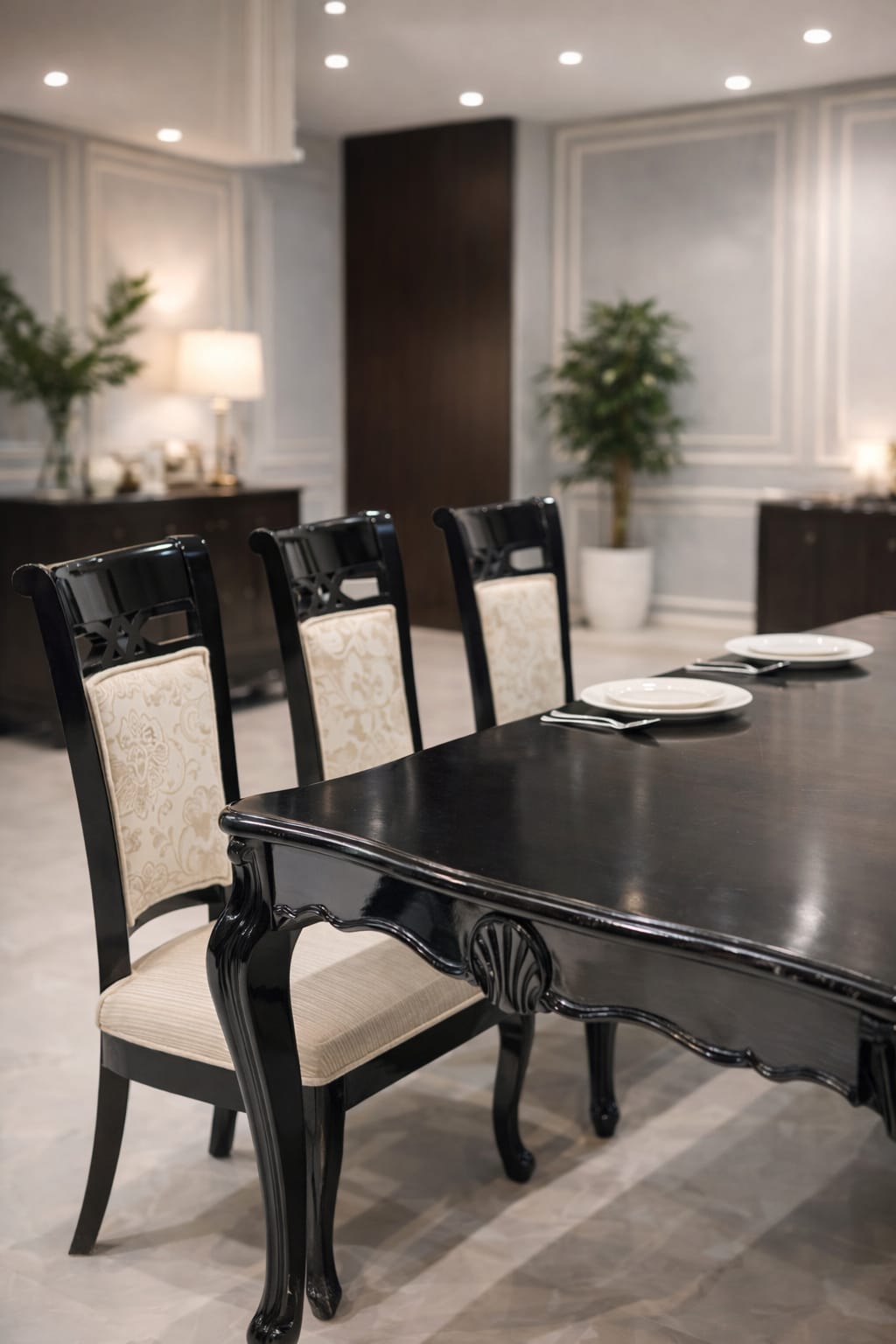 Luxury Black High Gloss 8-Seater Dining Table Set with Upholstered Chairs