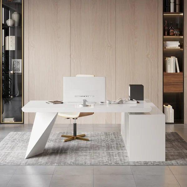 Ren White L-Shape Executive Desk Drawers & Cabinet Large Office Desk Left Hand - Ouch Cart 