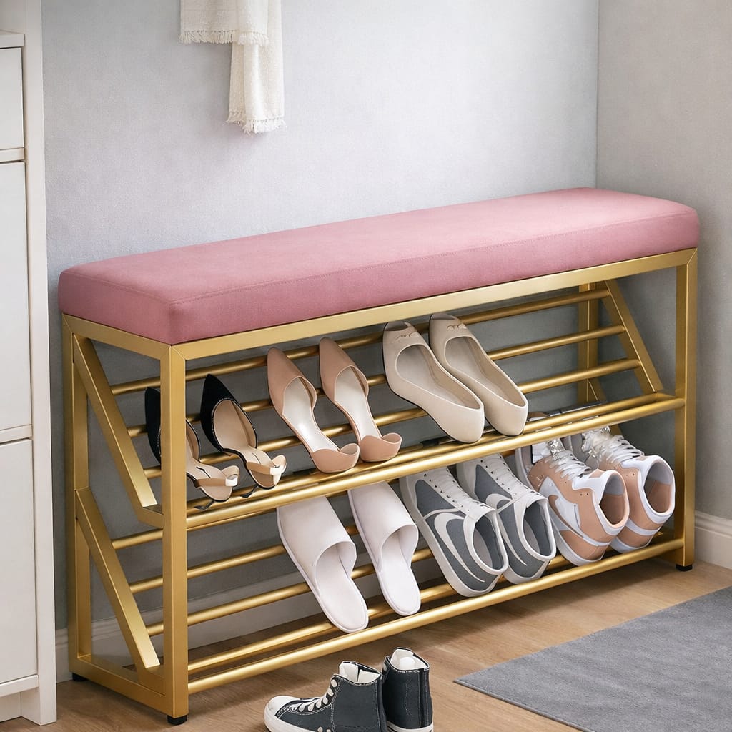 Shoe Rack Bench with Cushion – 2-Tier Storage Organizer Seat for Entryway, Bedroom & Living Room